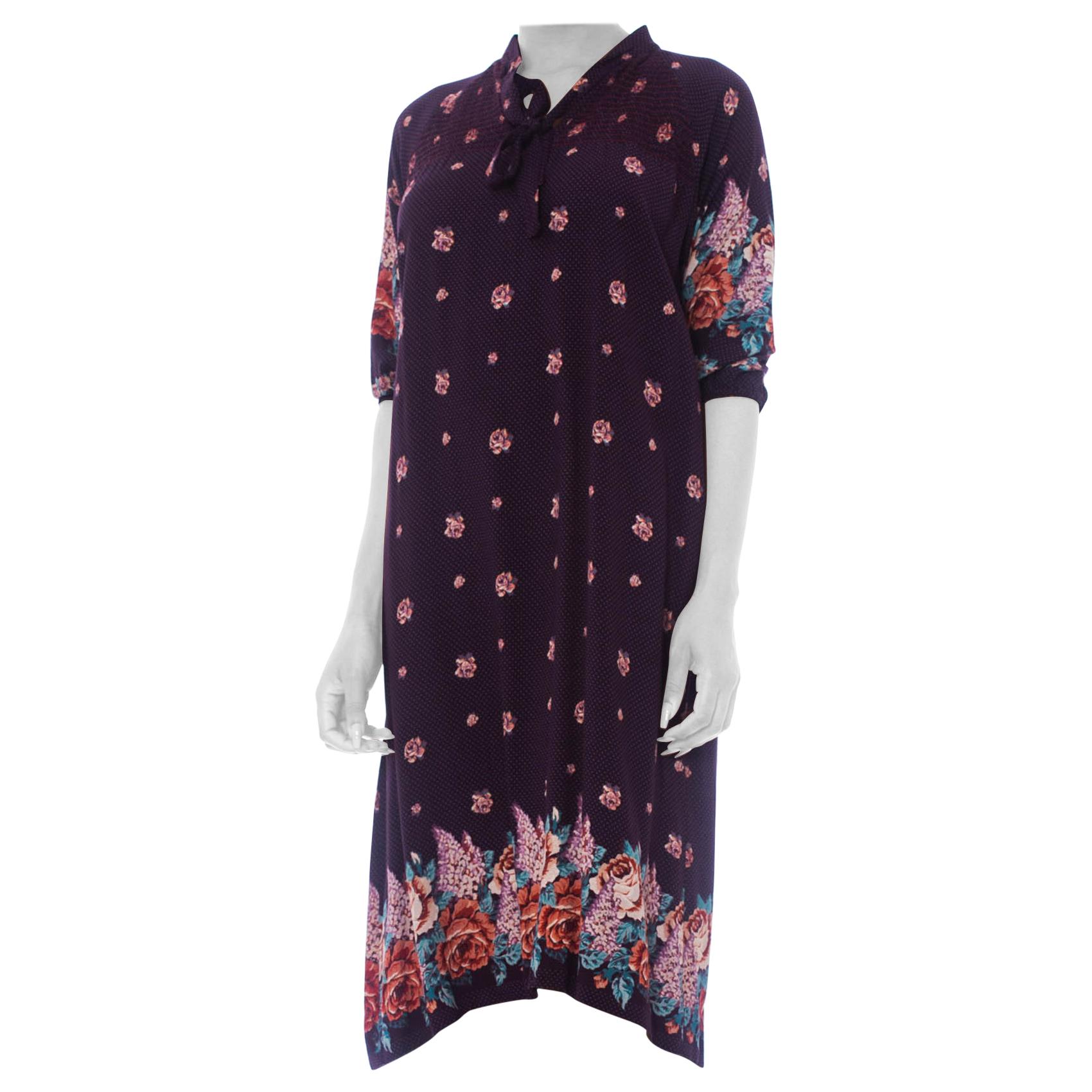 1970S Purple & Blue Floral Rayon Boho Loose Size Dress