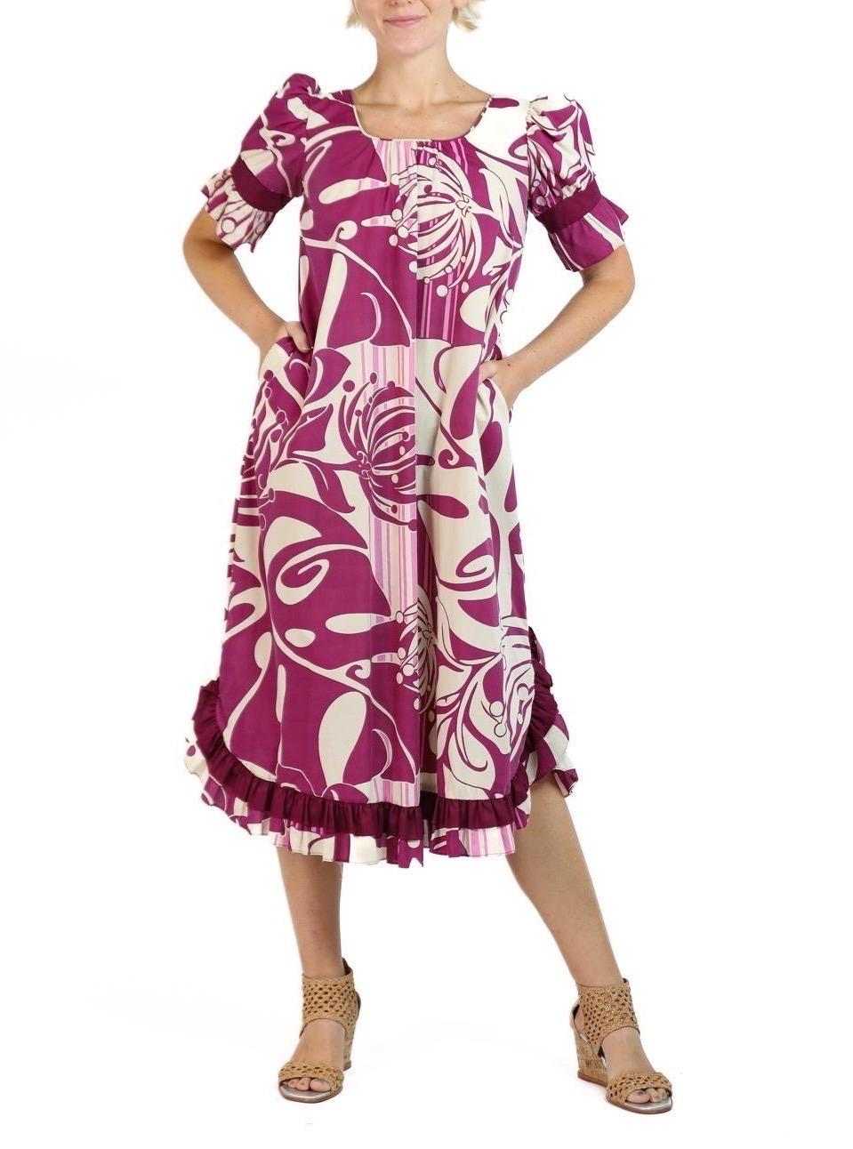 Lila & Cremefarbenes Kleid aus Poly/Baumwolle, hergestellt auf Hawaii von Muumuu, 1970er Jahre im Angebot 5