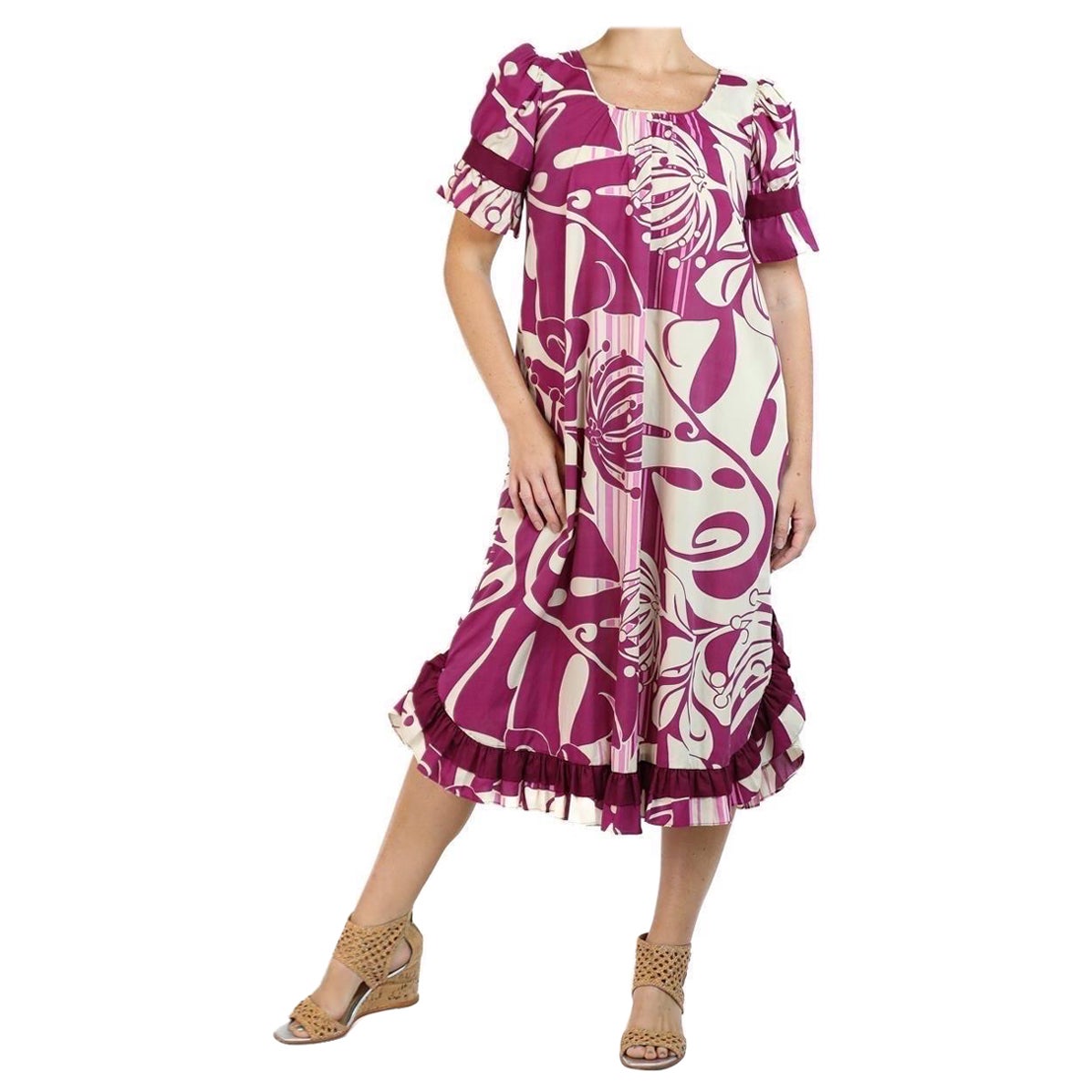 1970S Purple & Cream Poly/Cotton Made In Hawaii By Muumuu Dress