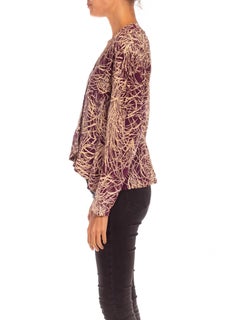 1970S Purple & Cream Silk Brush Stroke Tropical Print Blouse
