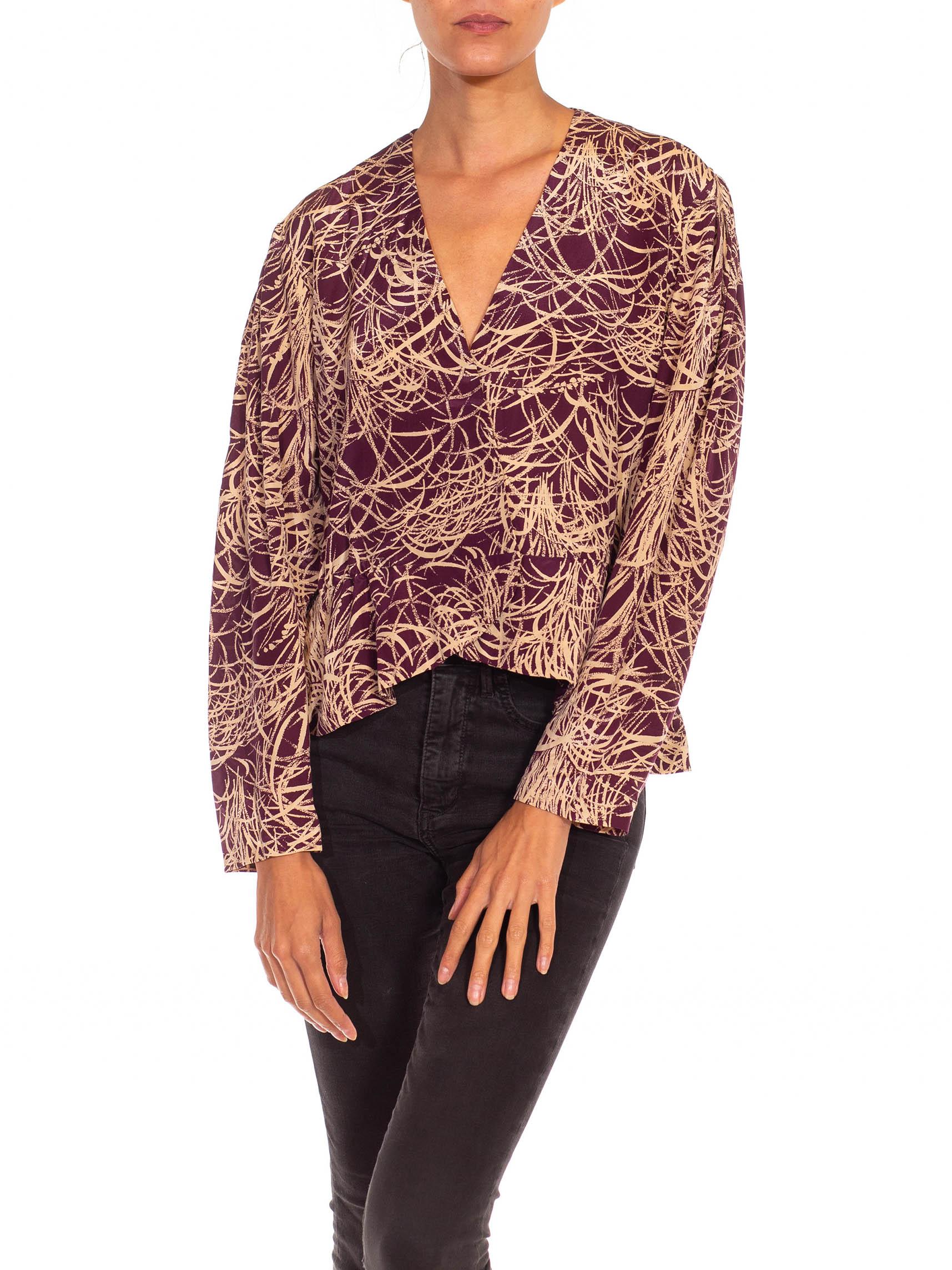 1970S Purple & Cream Silk Brush Stroke Tropical Print Blouse In Excellent Condition For Sale In New York, NY