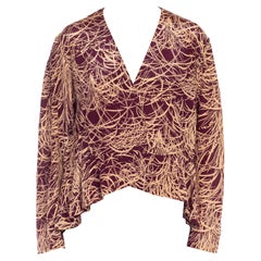 1970S Blusa de seda púrpura y crema con estampado tropical a brochazos