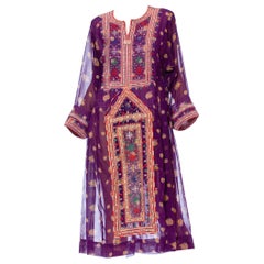 Vintage 1970S Purple Embroidered Cotton Voile Floral Kaftan Dress