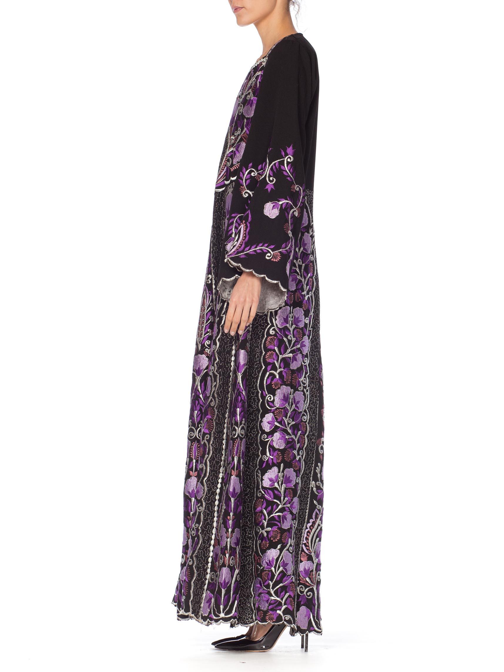 Black 1970S Purple Embroidered  Metallic Floral Dress For Sale