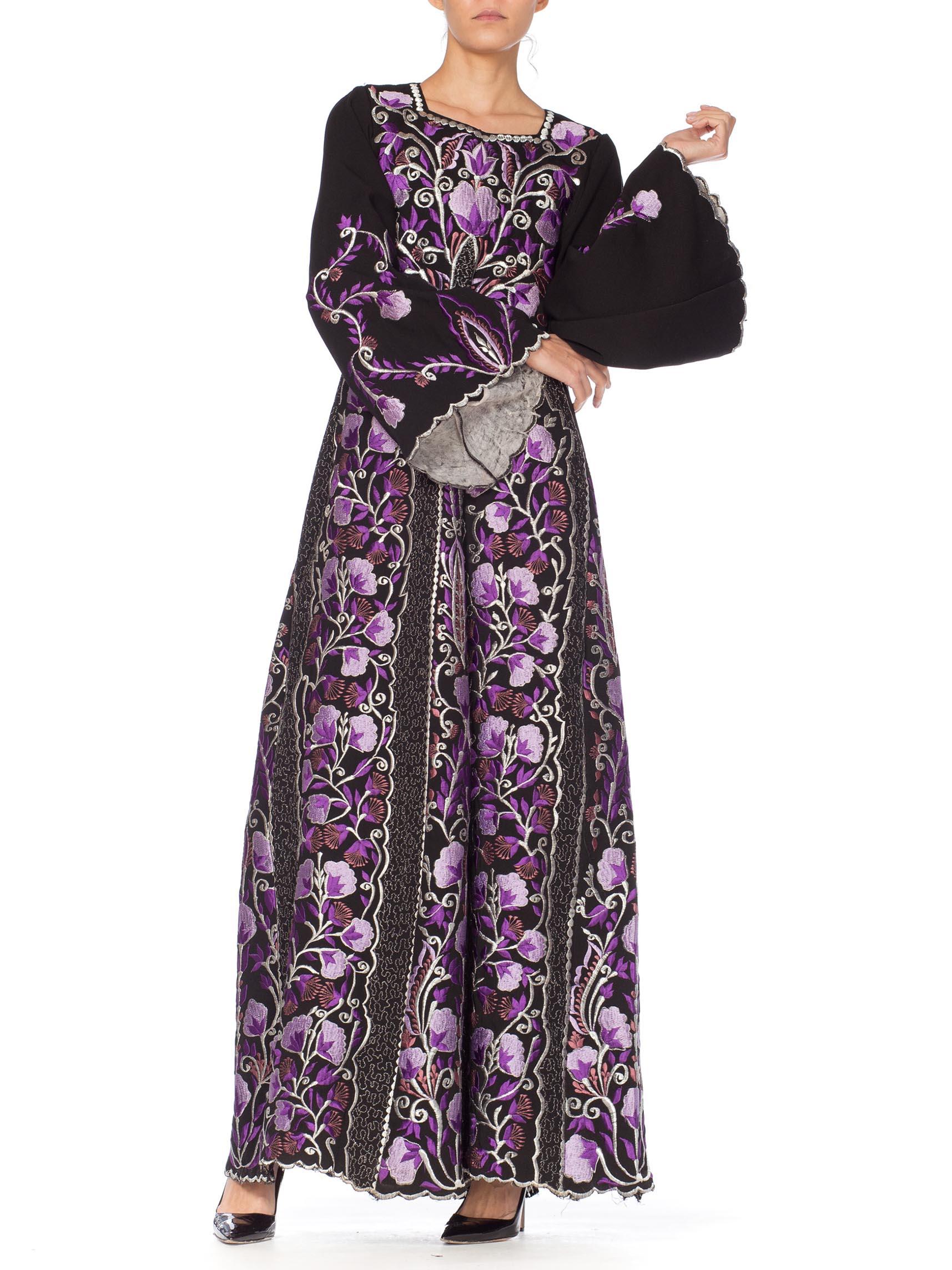 Women's 1970S Purple Embroidered  Metallic Floral Dress For Sale