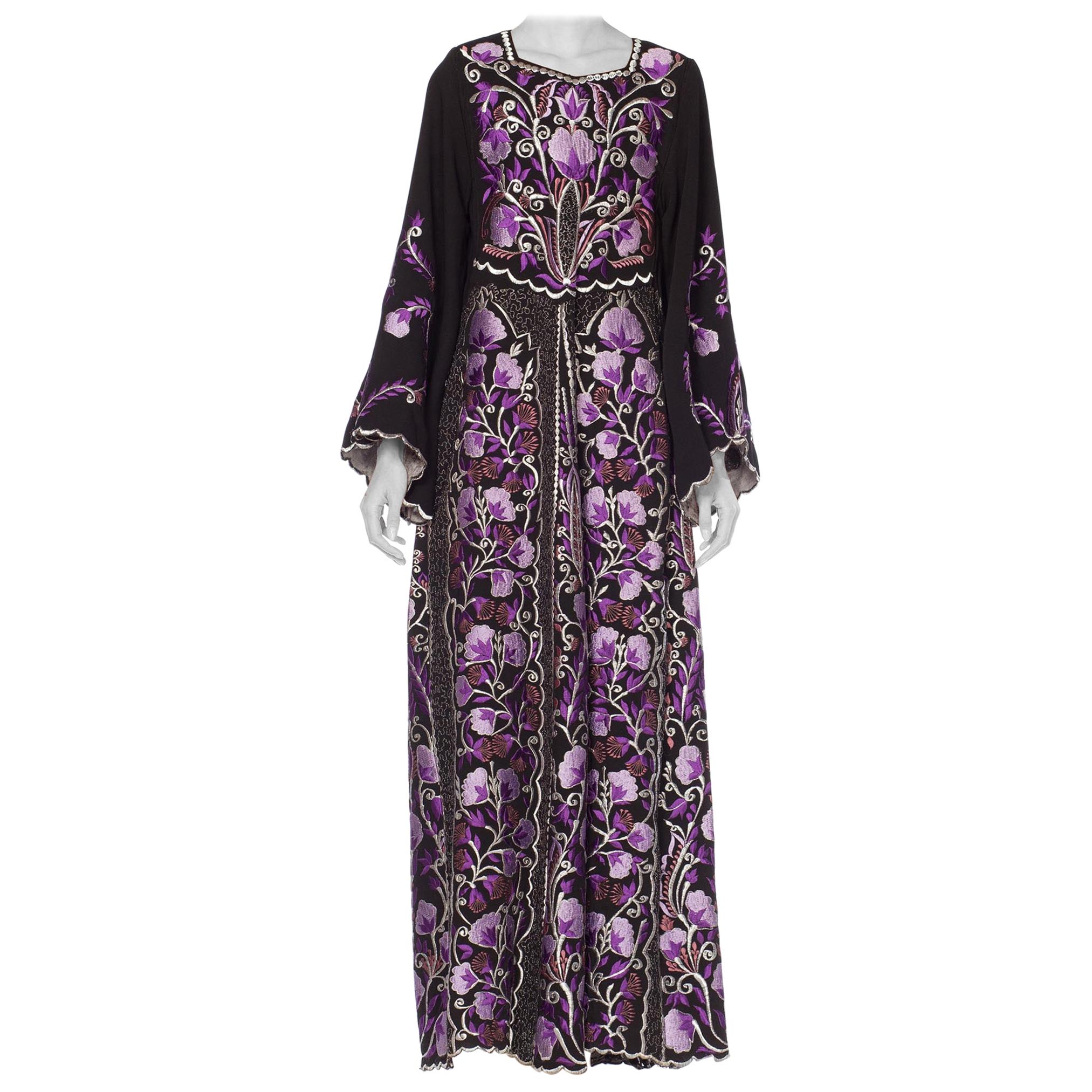 1970S Purple Embroidered  Metallic Floral Dress For Sale