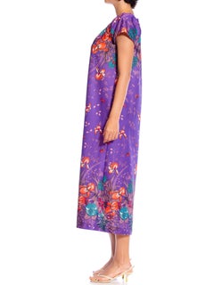 1970S Purple Floral Polyester Jersey Mumu House Dress
