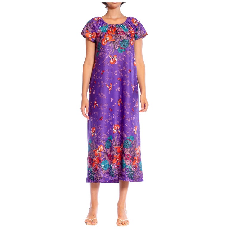 1970s Purple Floral Polyester Jersey Mumu House Dress
