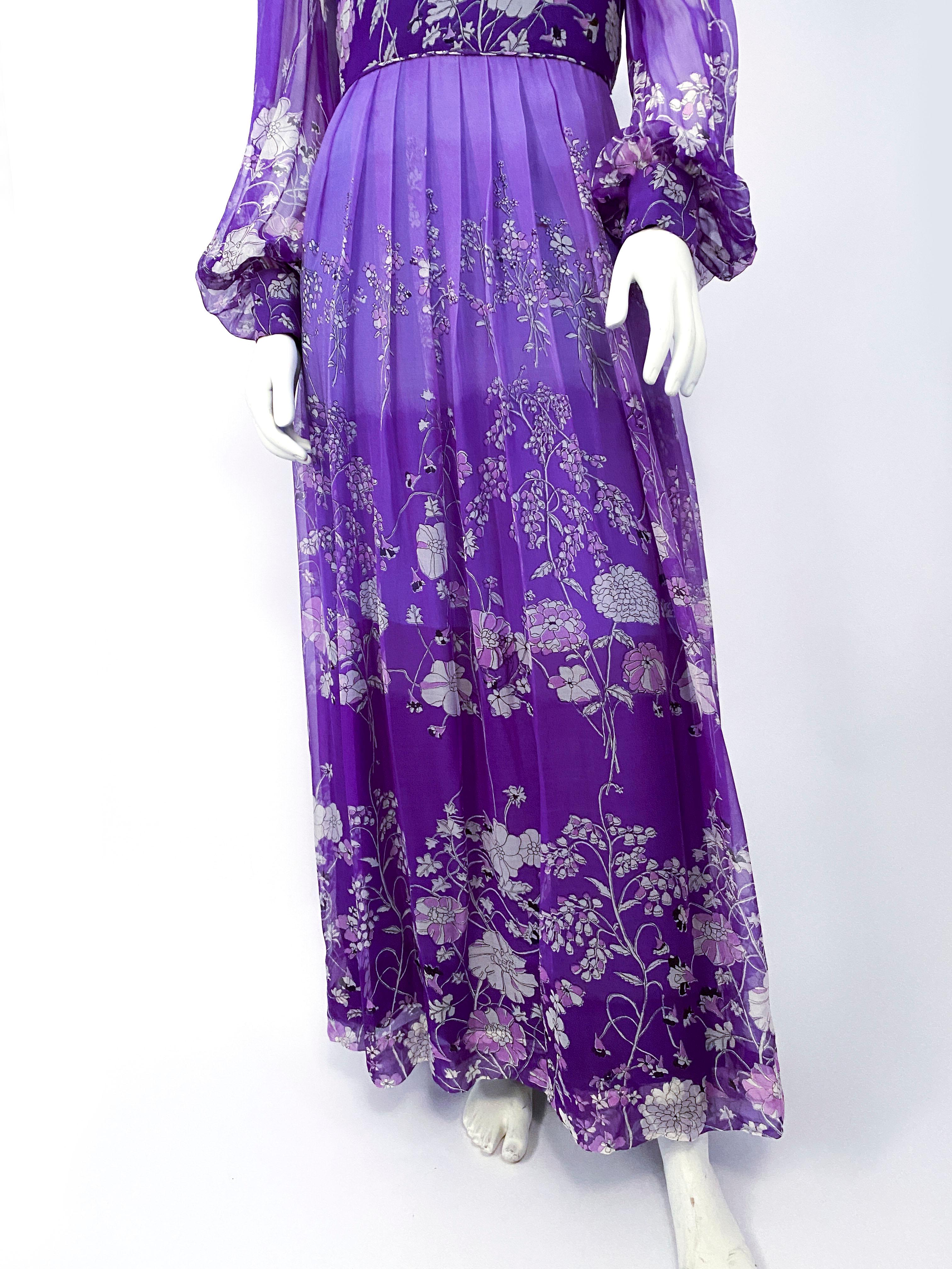 1970s Purple Floral Printed Custom-made Dress In Good Condition In San Francisco, CA