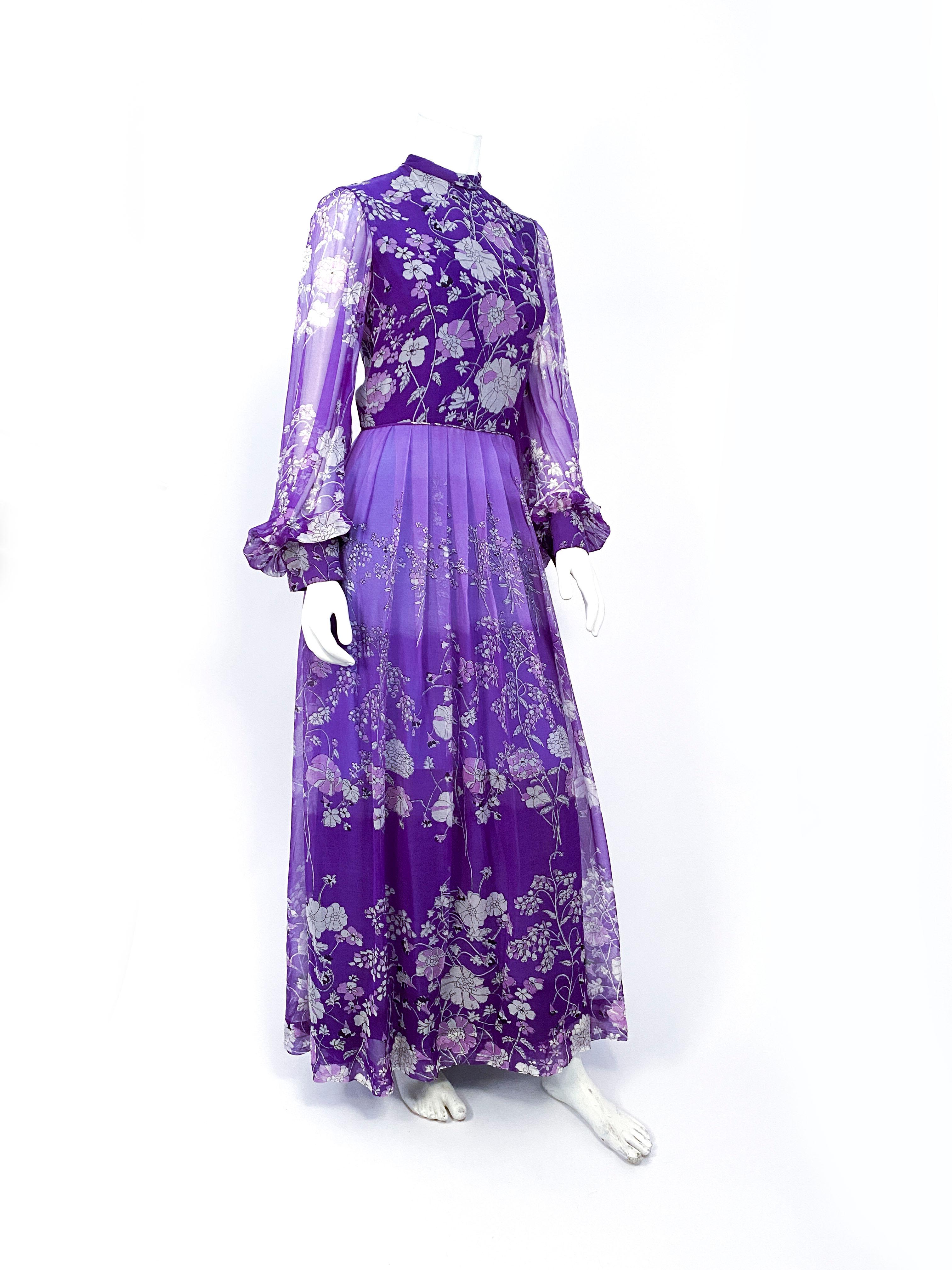 Women's 1970s Purple Floral Printed Custom-made Dress