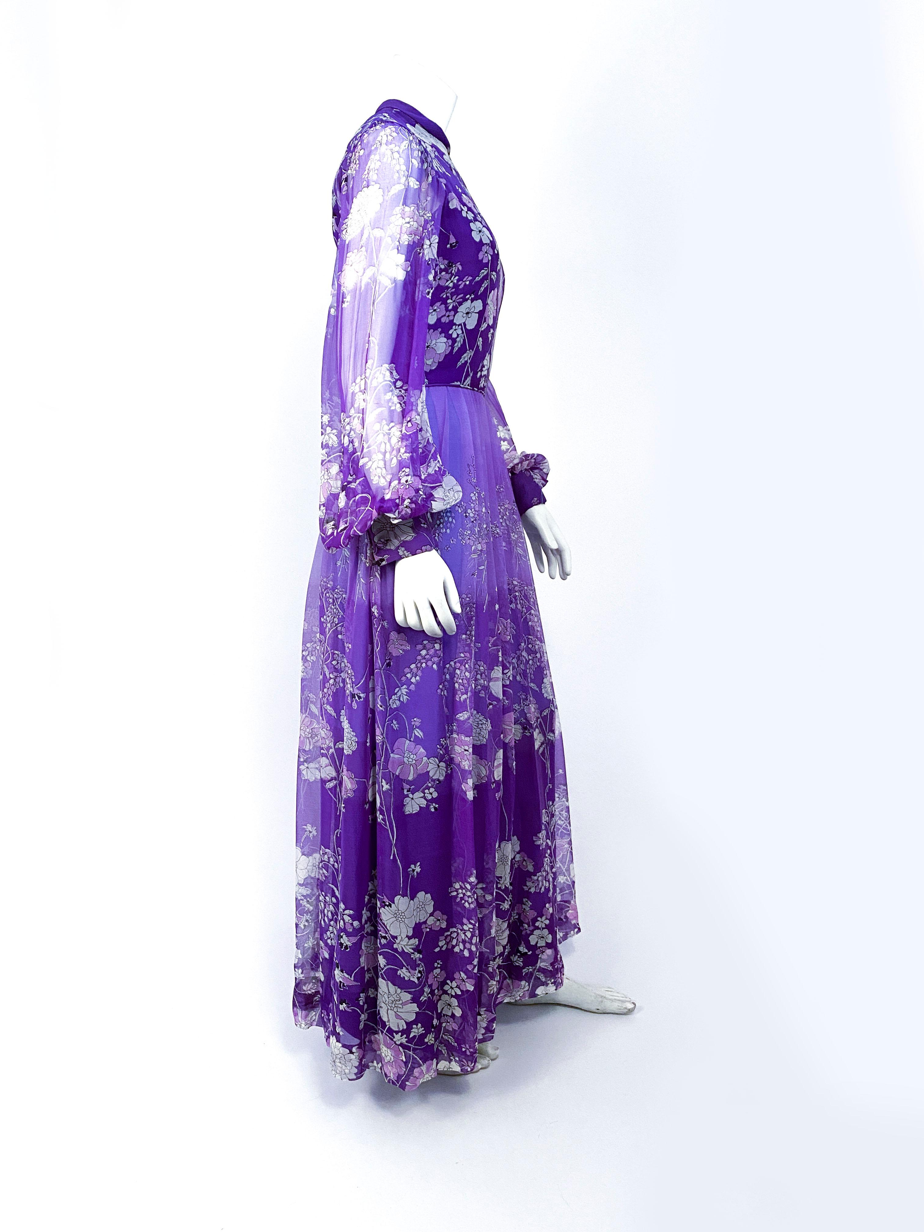 1970s Purple Floral Printed Custom-made Dress 1