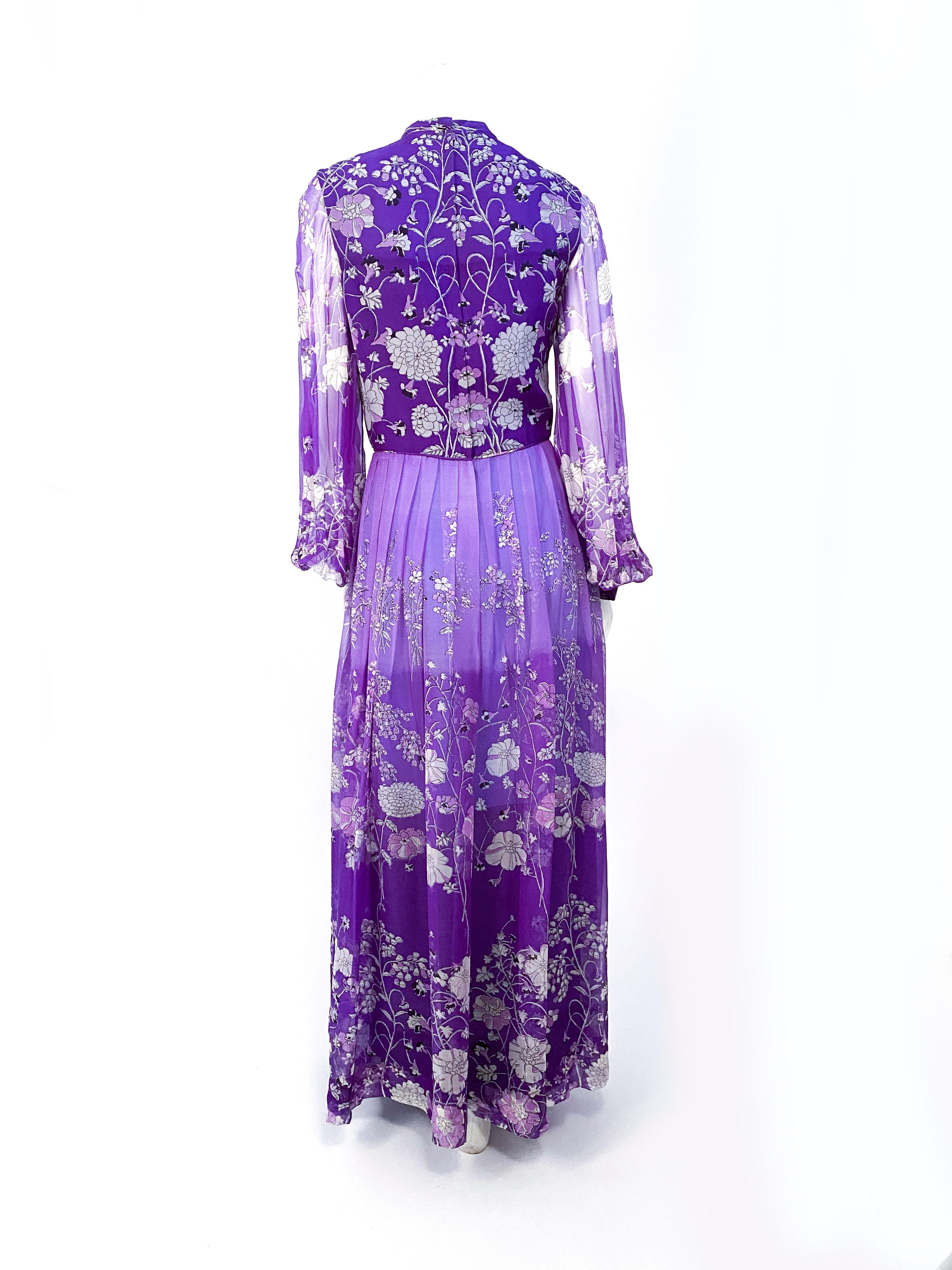 1970s Purple Floral Printed Custom-made Dress 2