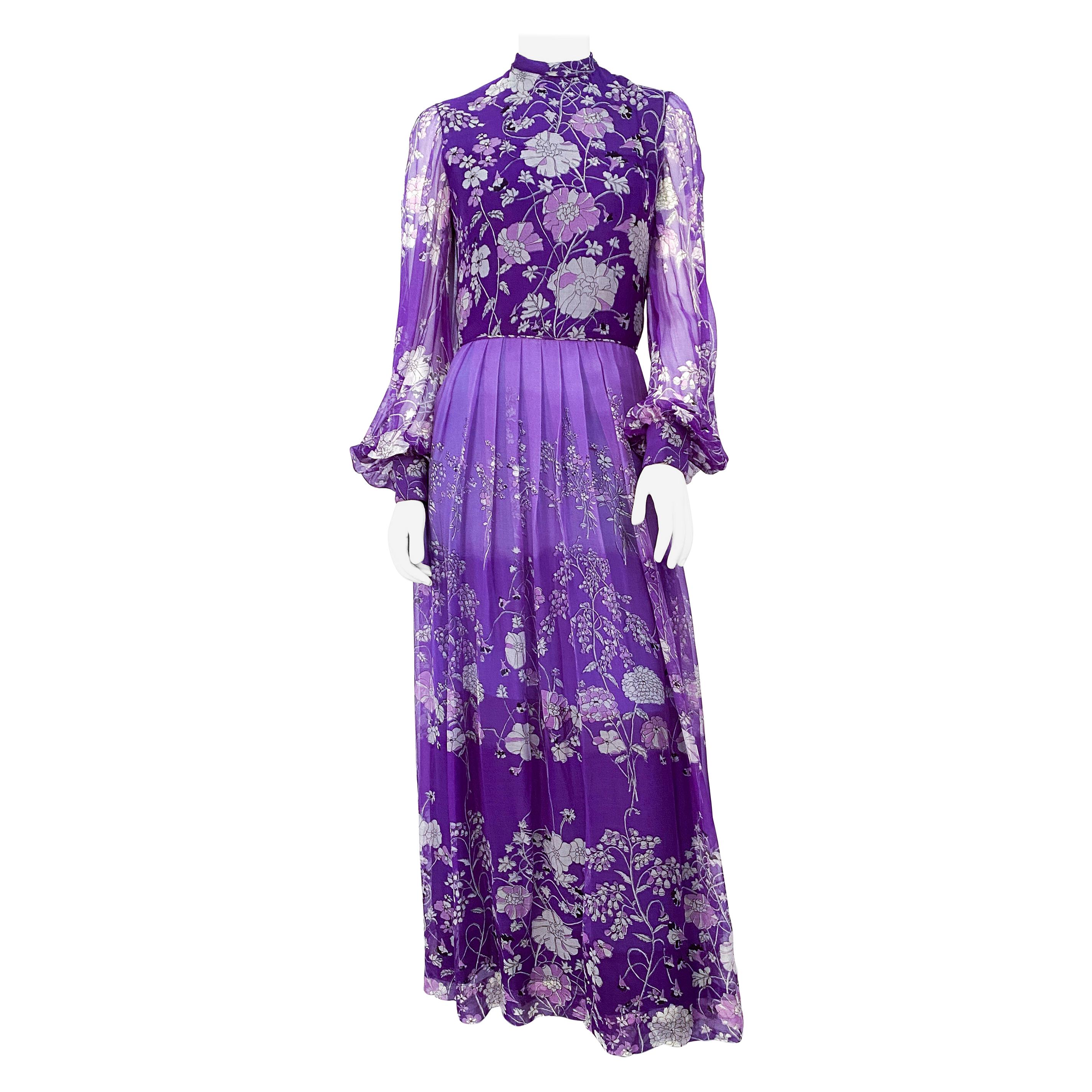 1970s Purple Floral Printed Custom-made Dress at 1stDibs