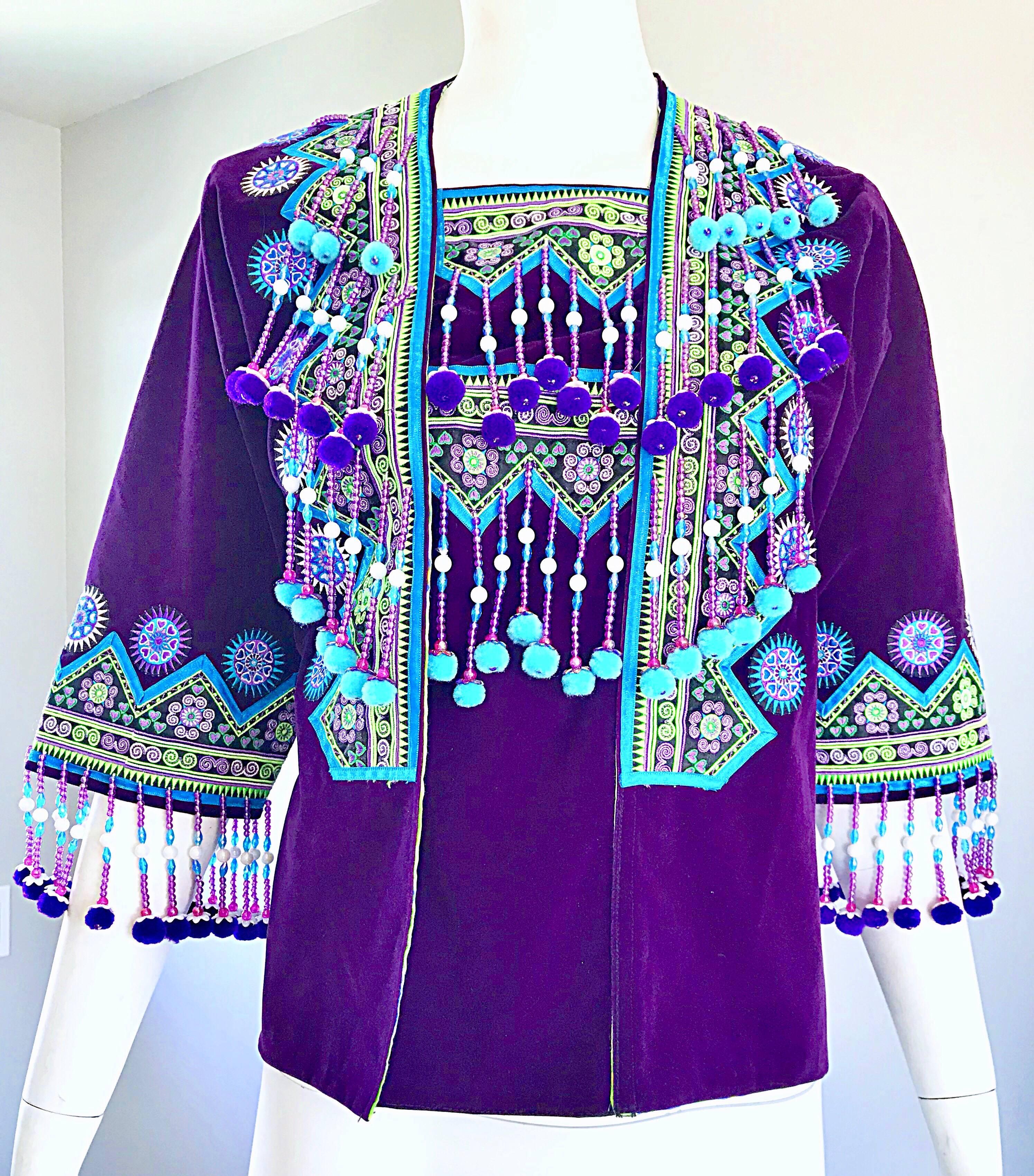 1970er Lila Hmong Samt Boho Samt Perlen Pom Vintage 70er Kimono Shirt Jacke im Angebot 5
