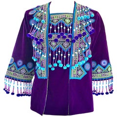 1970s Purple Hmong Velvet Boho Velvet Beaded Pom Vintage 70s Kimono Shirt Jacket