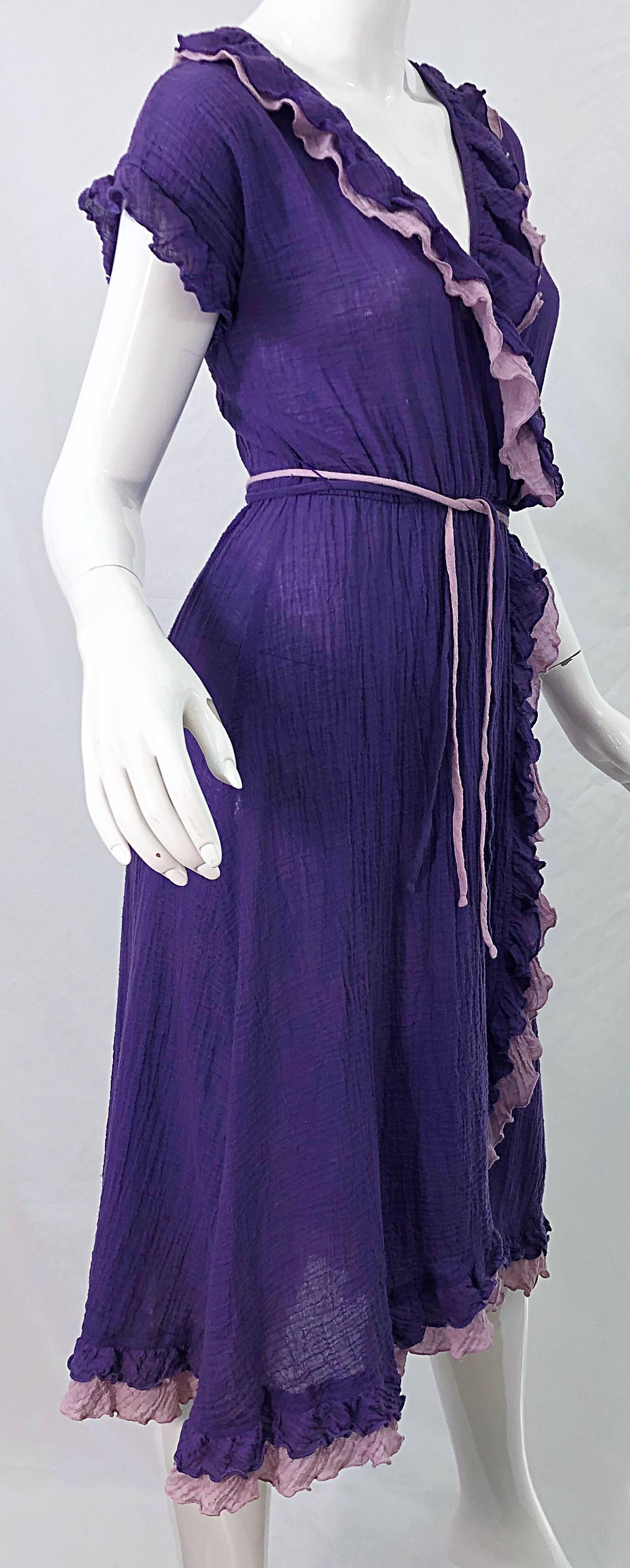 1970s Purple Lavender Lightweight Cotton Voile Vintage 70s Wrap Dress For Sale 6