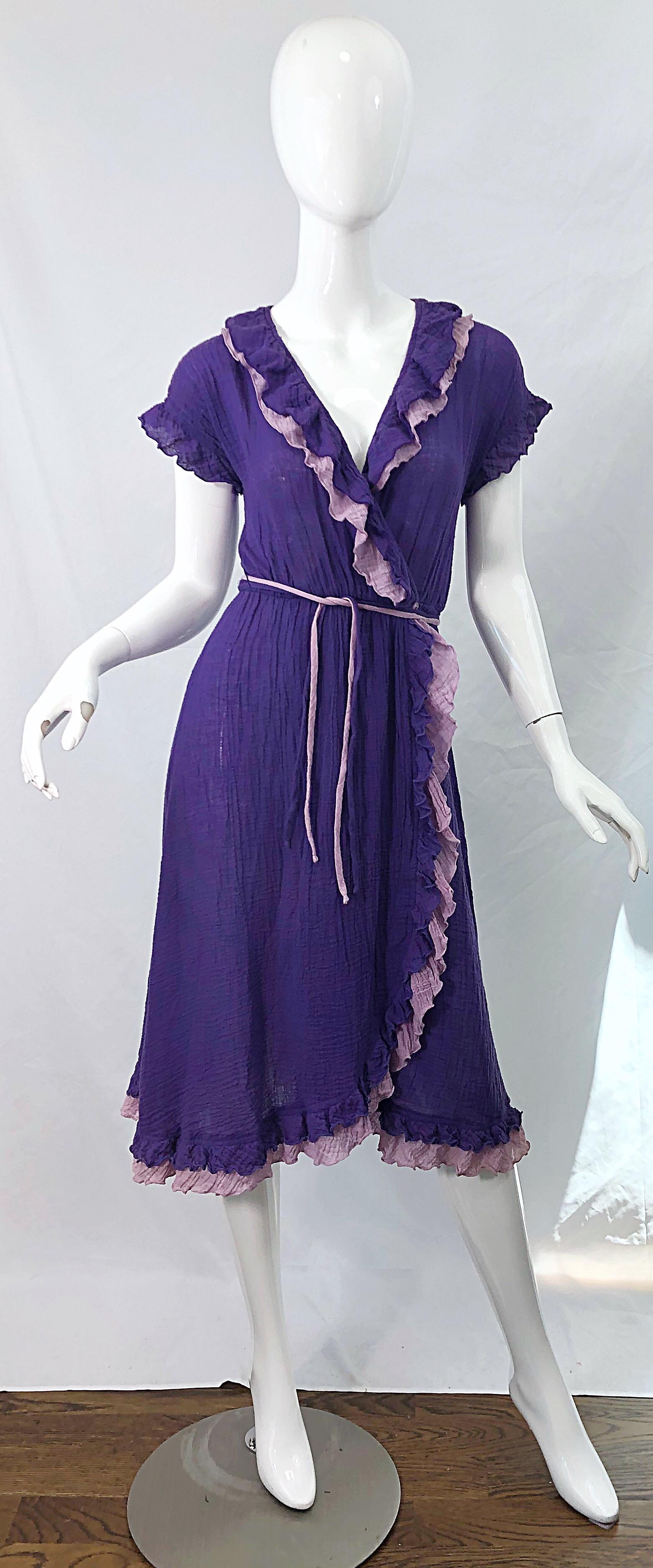 1970s Purple Lavender Lightweight Cotton Voile Vintage 70s Wrap Dress For Sale 7