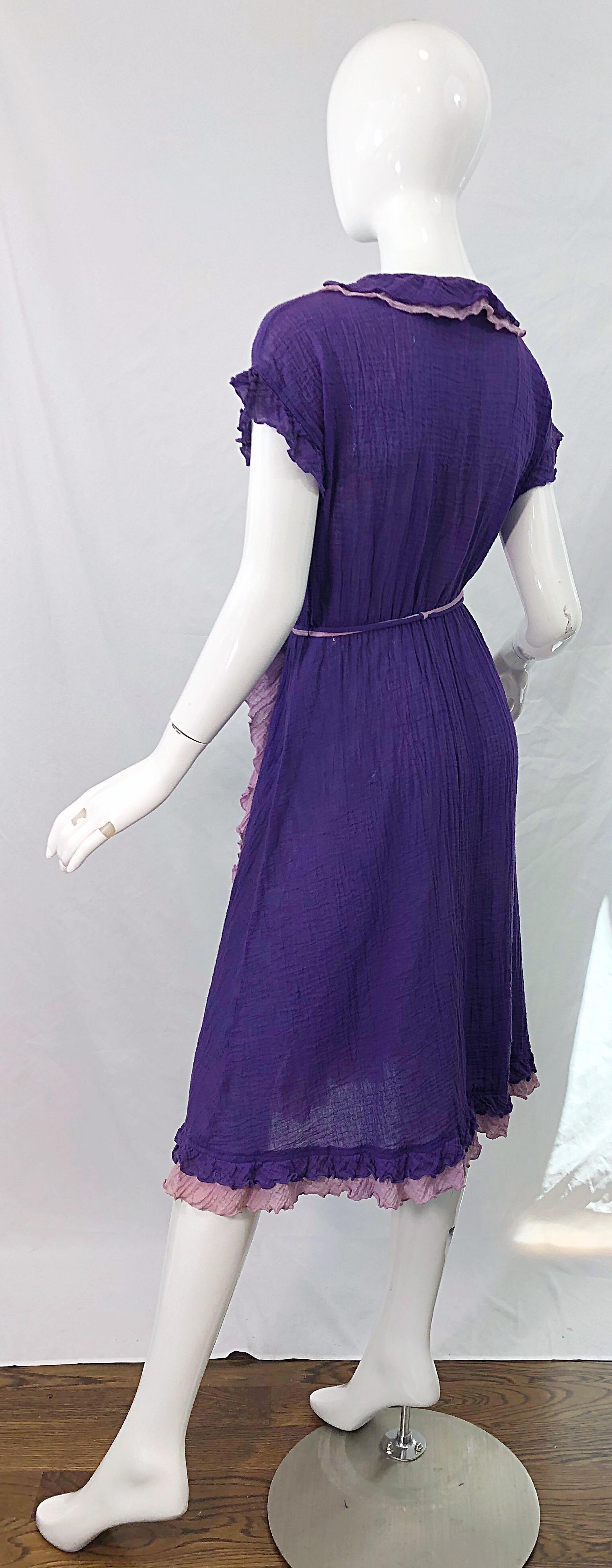 1970s Purple Lavender Lightweight Cotton Voile Vintage 70s Wrap Dress For Sale 5