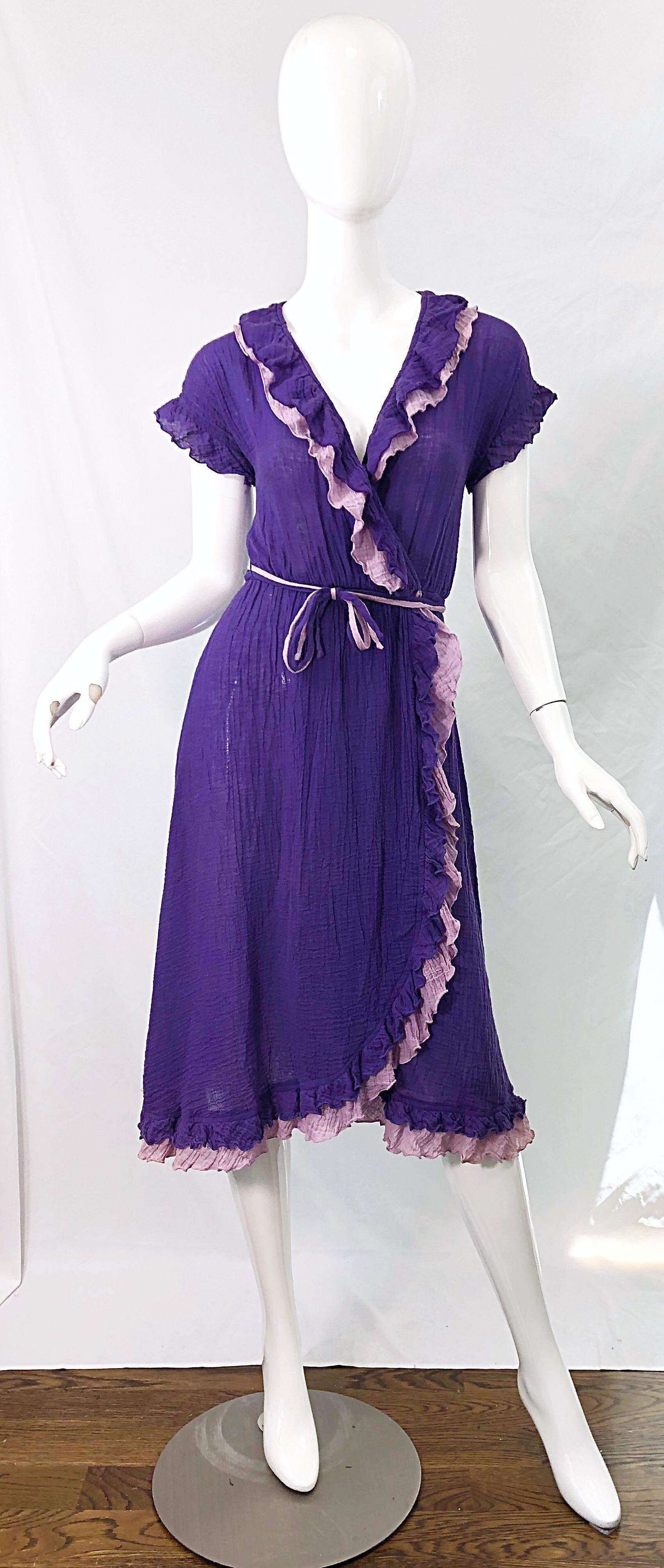 1970s Purple Lavender Lightweight Cotton Voile Vintage 70s Wrap Dress For Sale 9