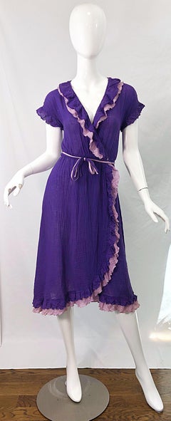 1970s Purple Lavender Lightweight Cotton Voile Vintage 70s Wrap Dress