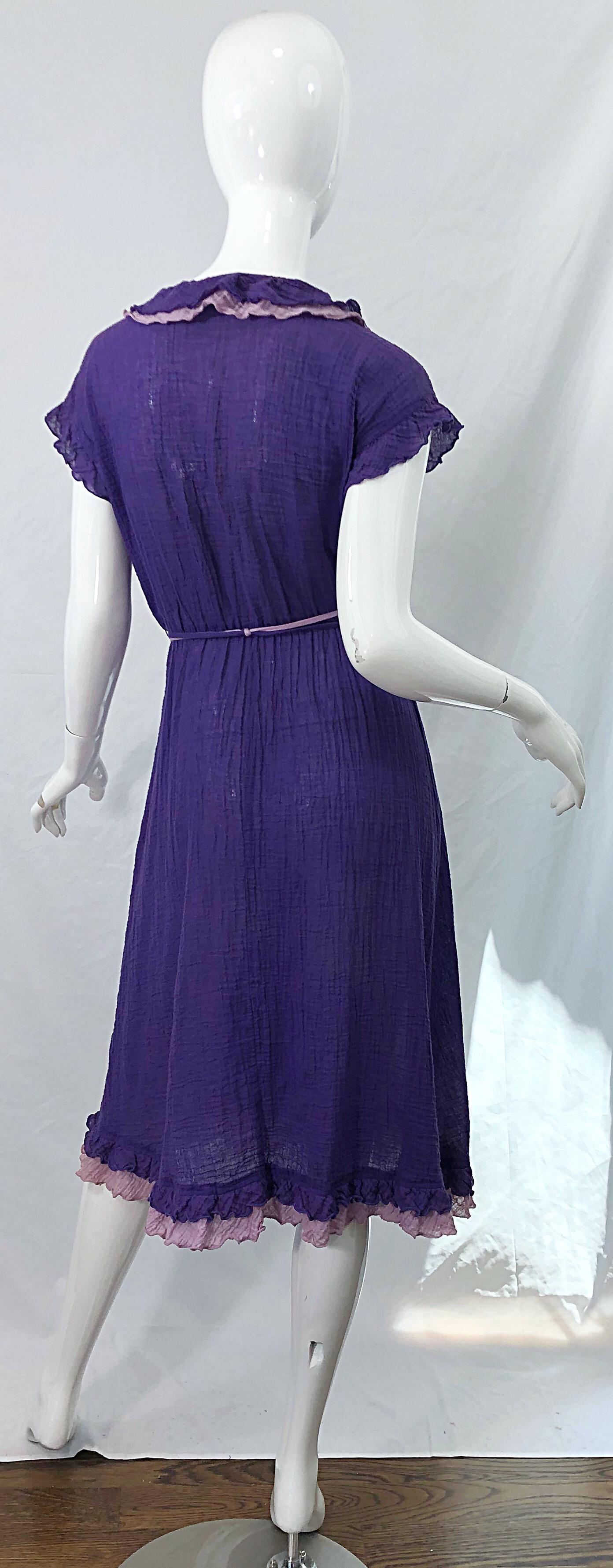 1970s Purple Lavender Lightweight Cotton Voile Vintage 70s Wrap Dress In Excellent Condition For Sale In San Diego, CA