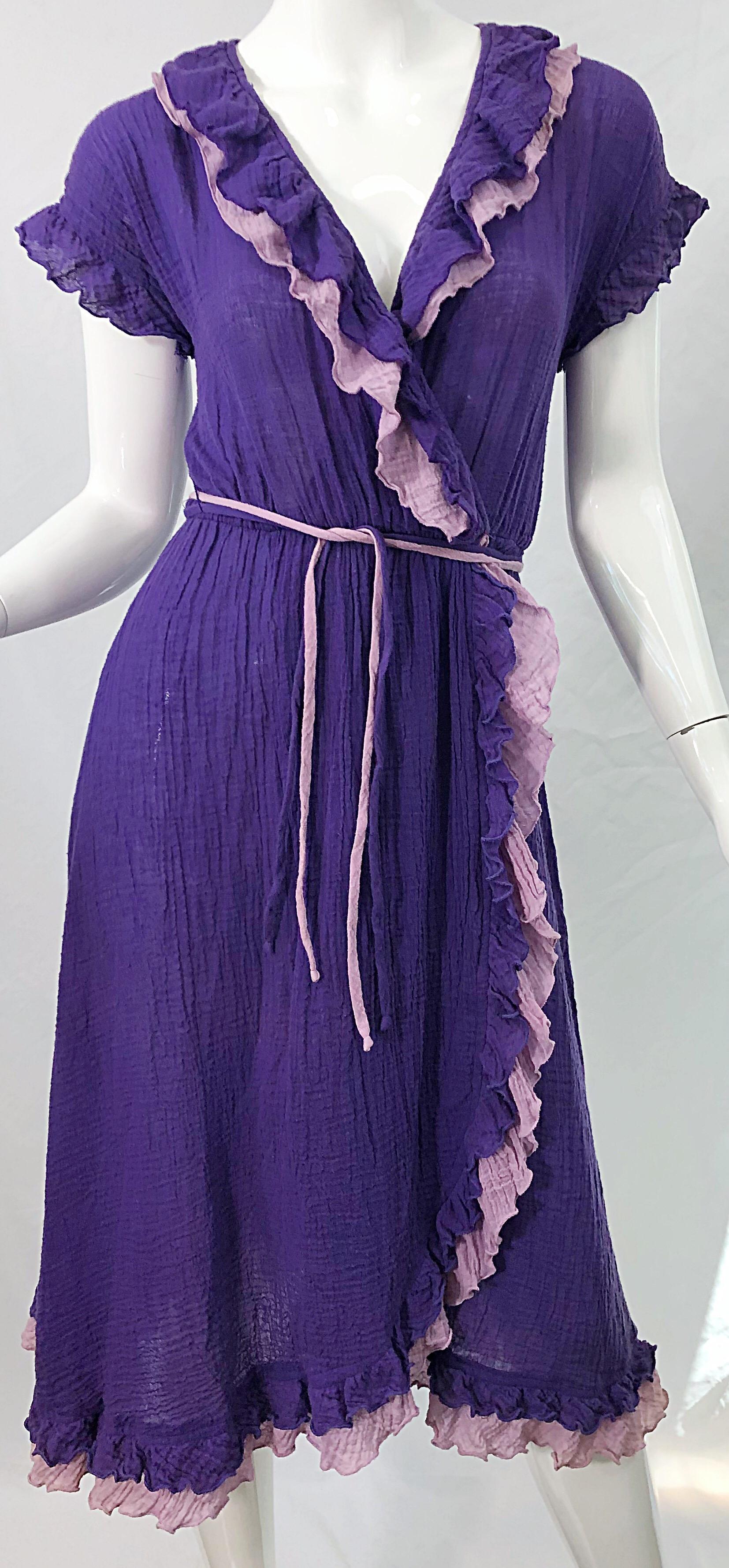 Women's 1970s Purple Lavender Lightweight Cotton Voile Vintage 70s Wrap Dress For Sale