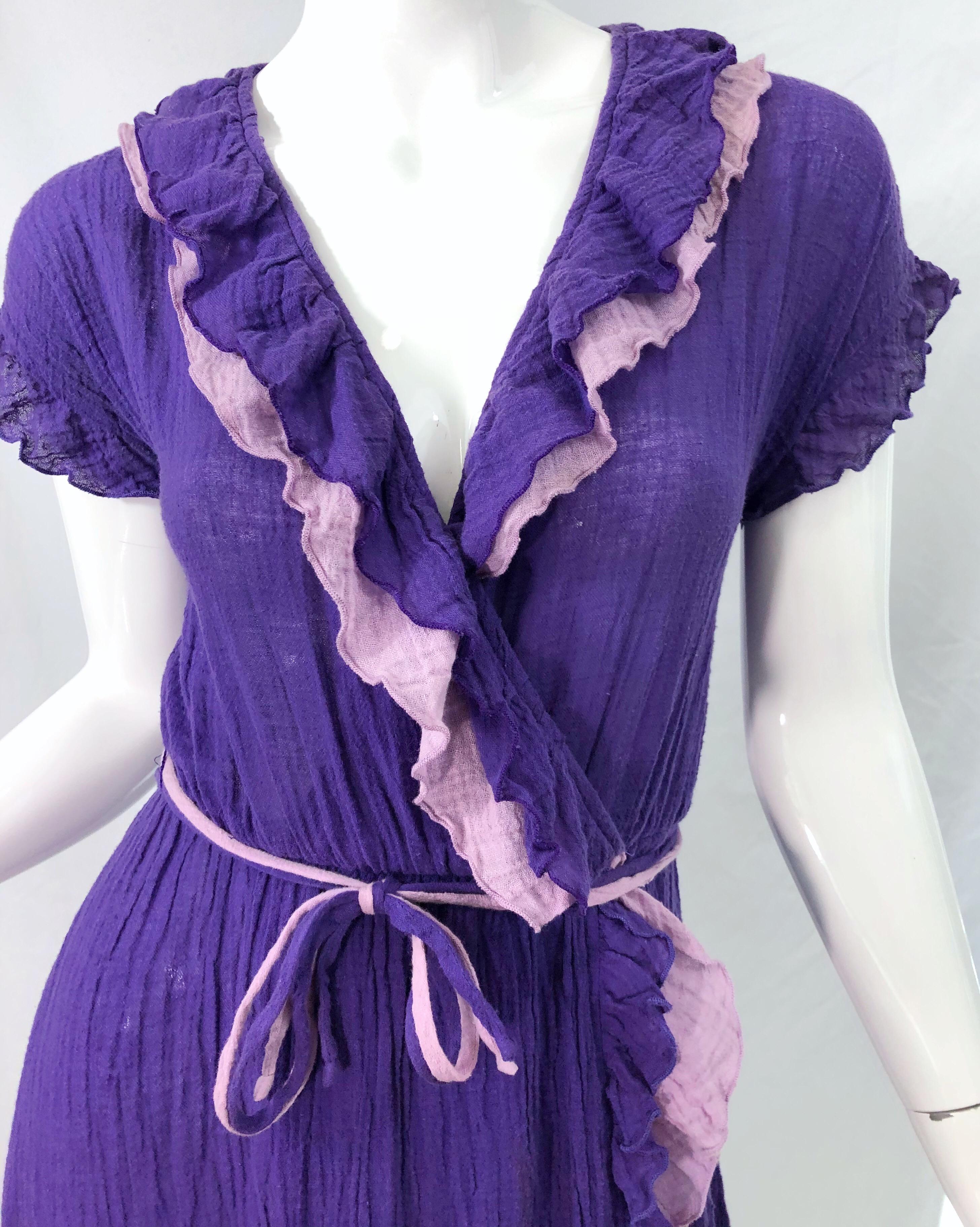 1970s Purple Lavender Lightweight Cotton Voile Vintage 70s Wrap Dress For Sale 2