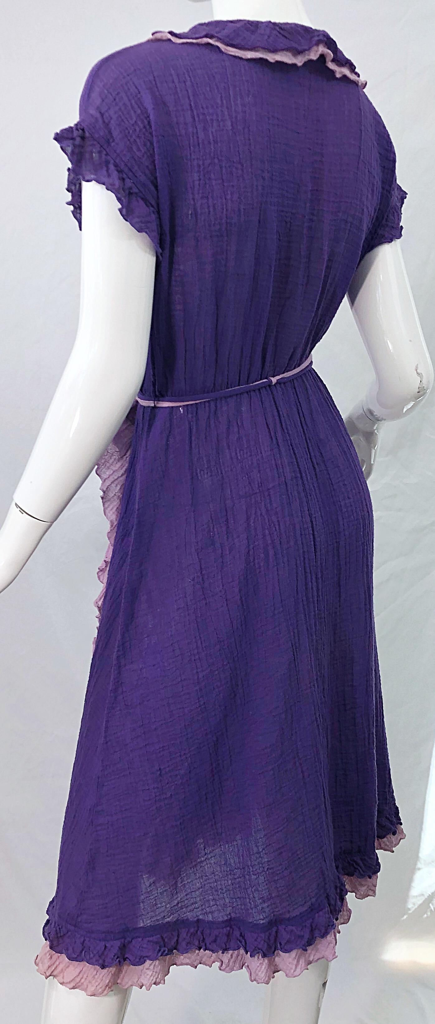 1970s Purple Lavender Lightweight Cotton Voile Vintage 70s Wrap Dress For Sale 3