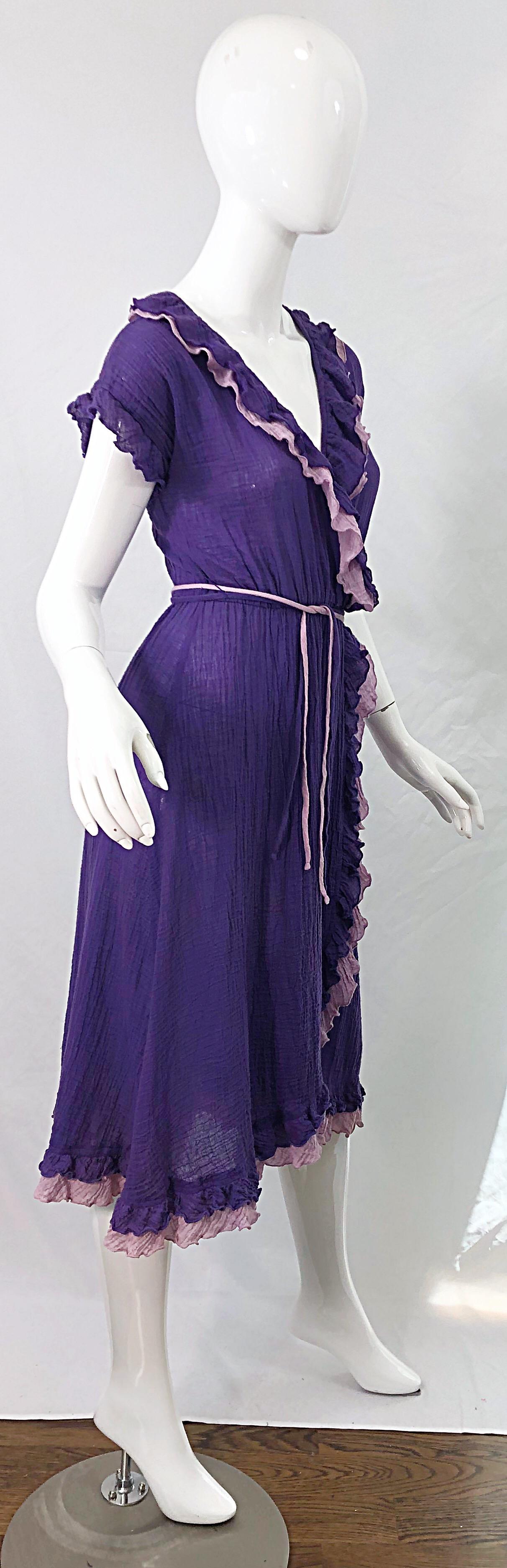 1970s Purple Lavender Lightweight Cotton Voile Vintage 70s Wrap Dress For Sale 1