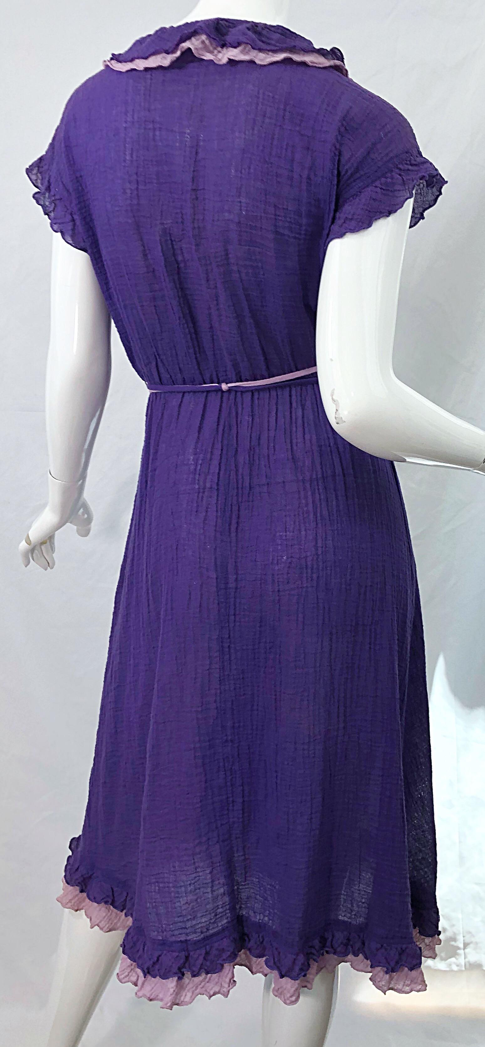 1970s Purple Lavender Lightweight Cotton Voile Vintage 70s Wrap Dress For Sale 5