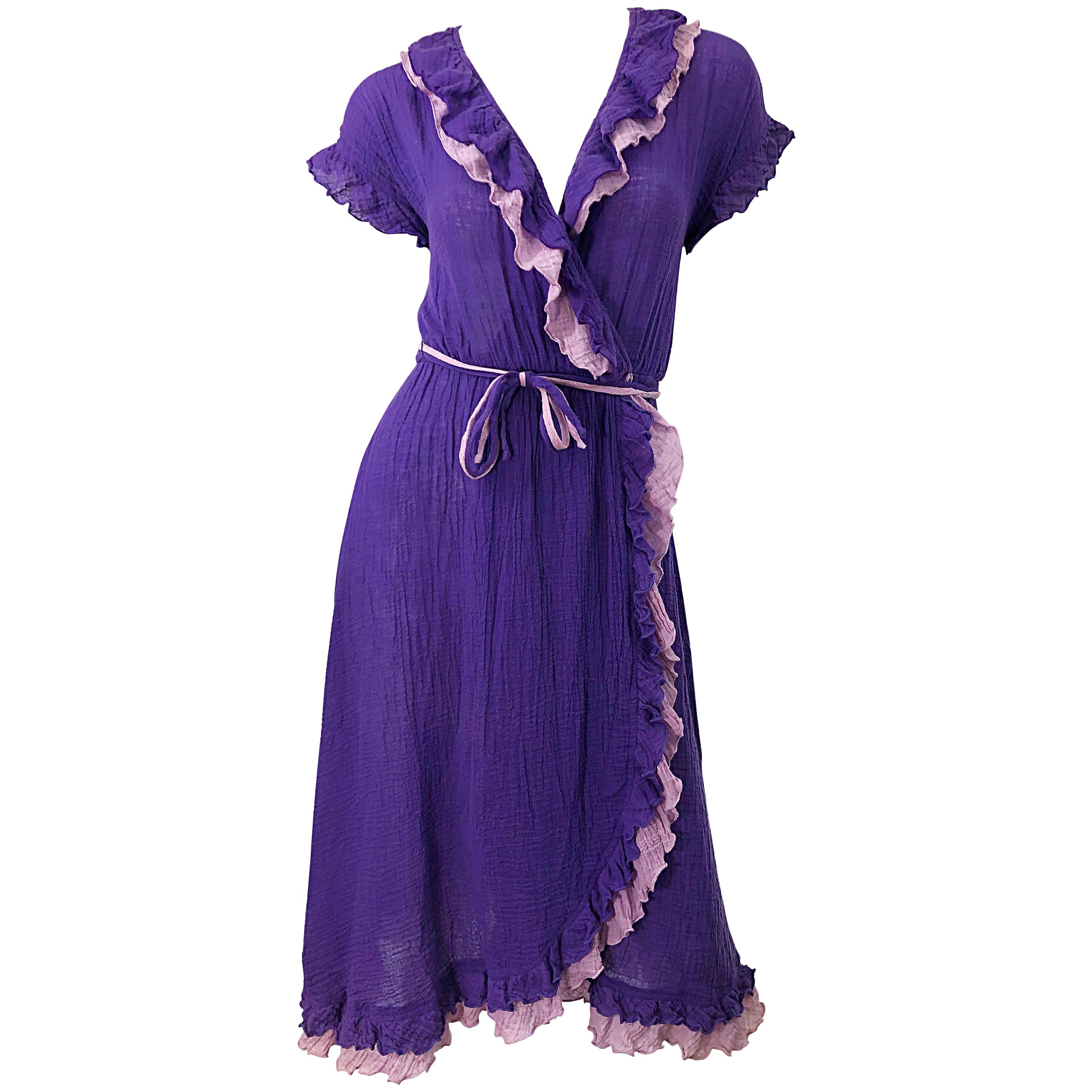 1970s Purple Lavender Lightweight Cotton Voile Vintage 70s Wrap Dress For Sale