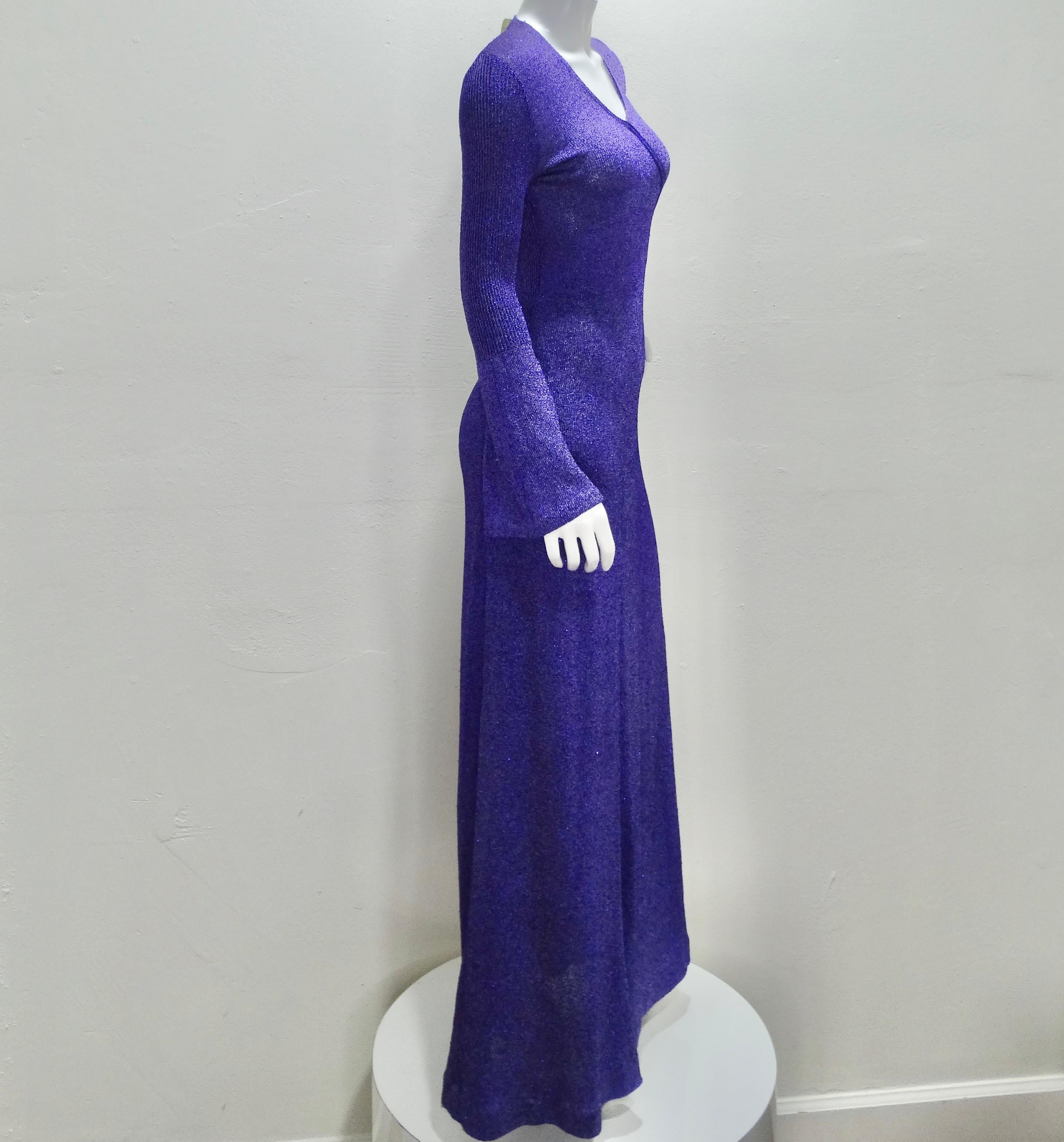 1970s Purple Metallic Knit Maxi Dress 2