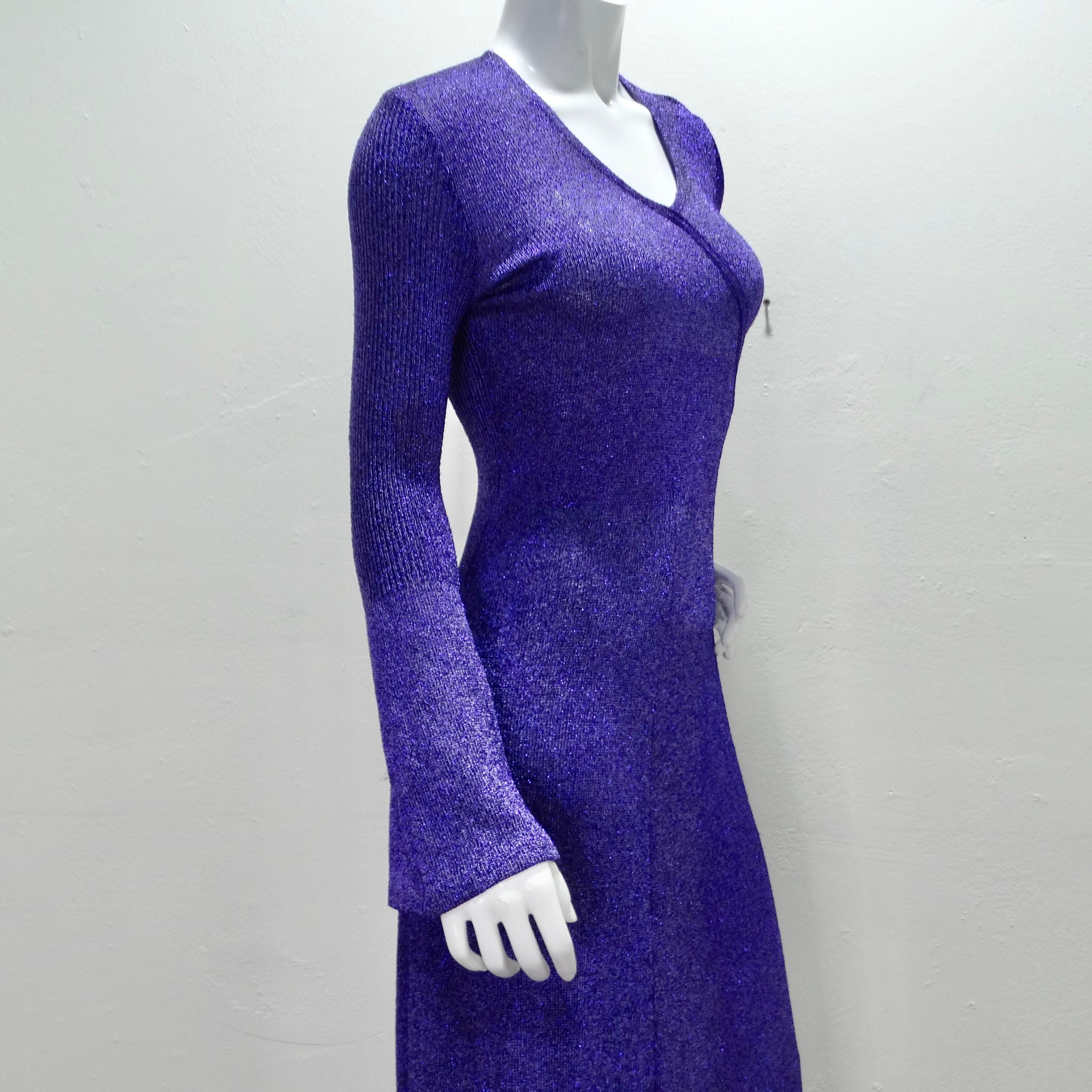 1970s Purple Metallic Knit Maxi Dress 3