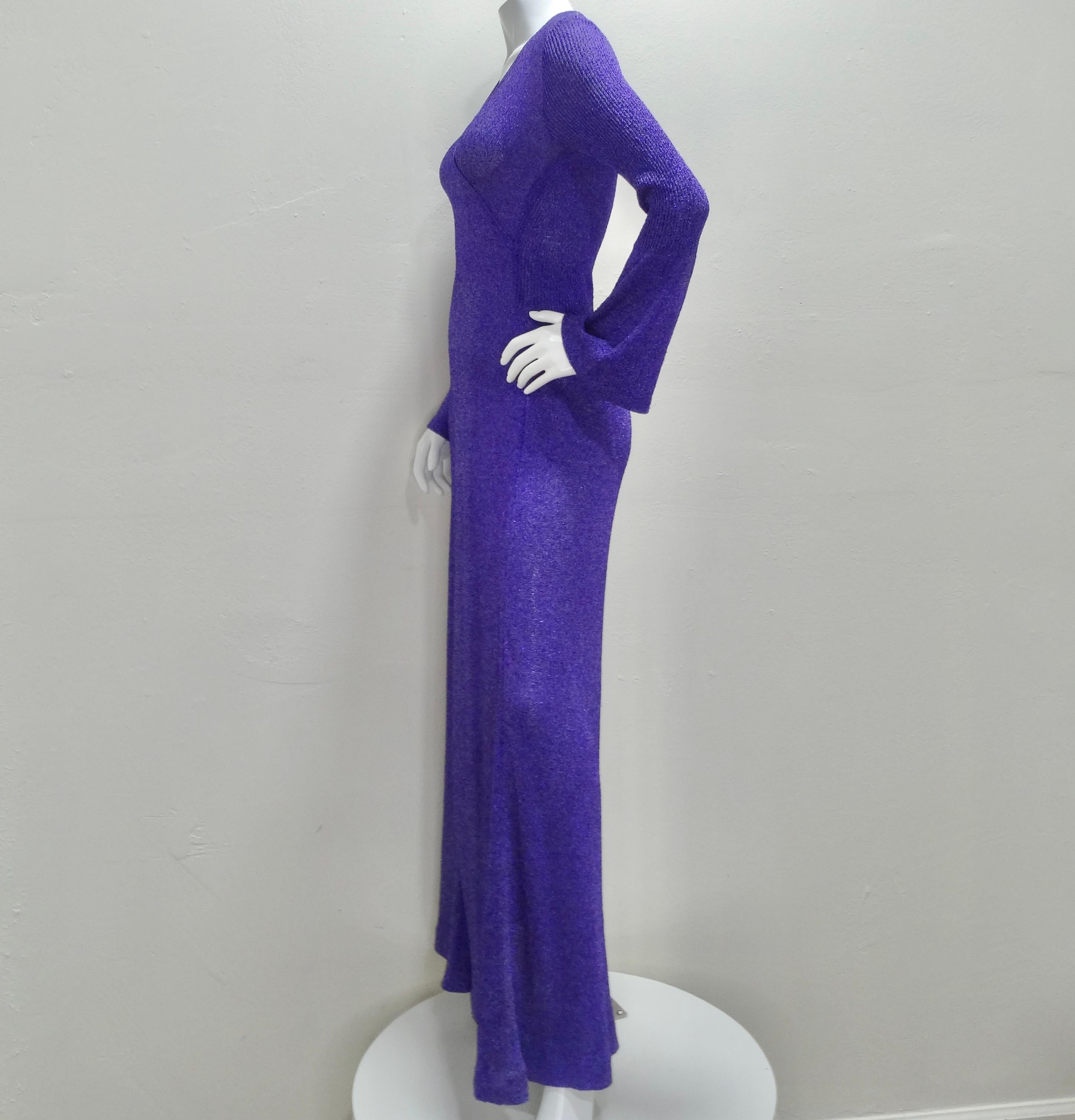 1970s Purple Metallic Knit Maxi Dress 5