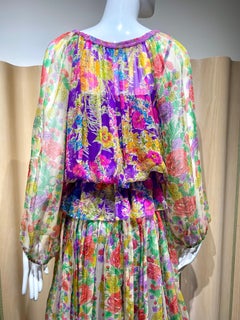 1970s Purple Multi Color Floral Print Silk Chiffon Dress with Blouse Set