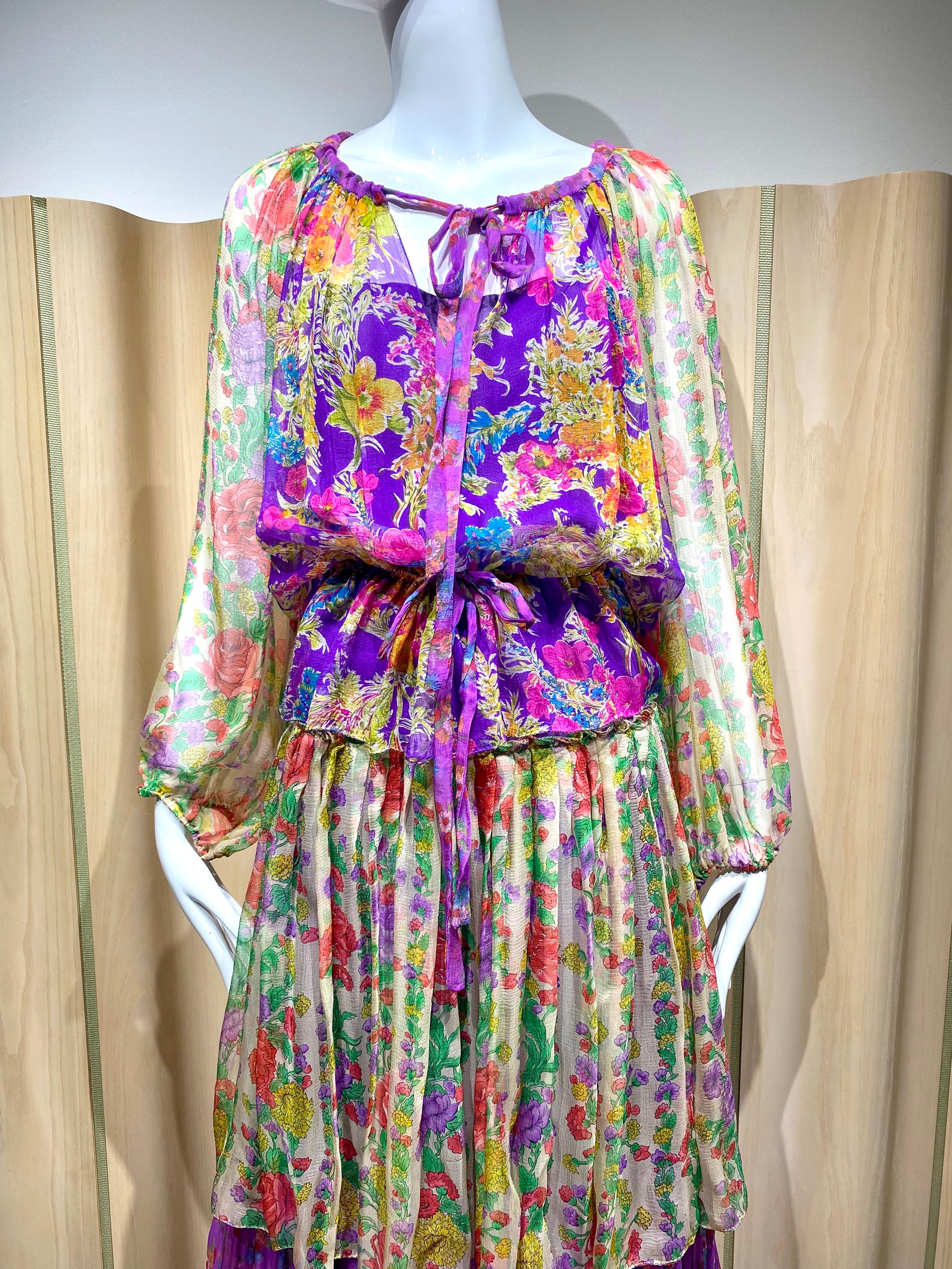 Gray 1970s Purple Multi Color Floral Print Silk Chiffon Dress with Blouse Set For Sale