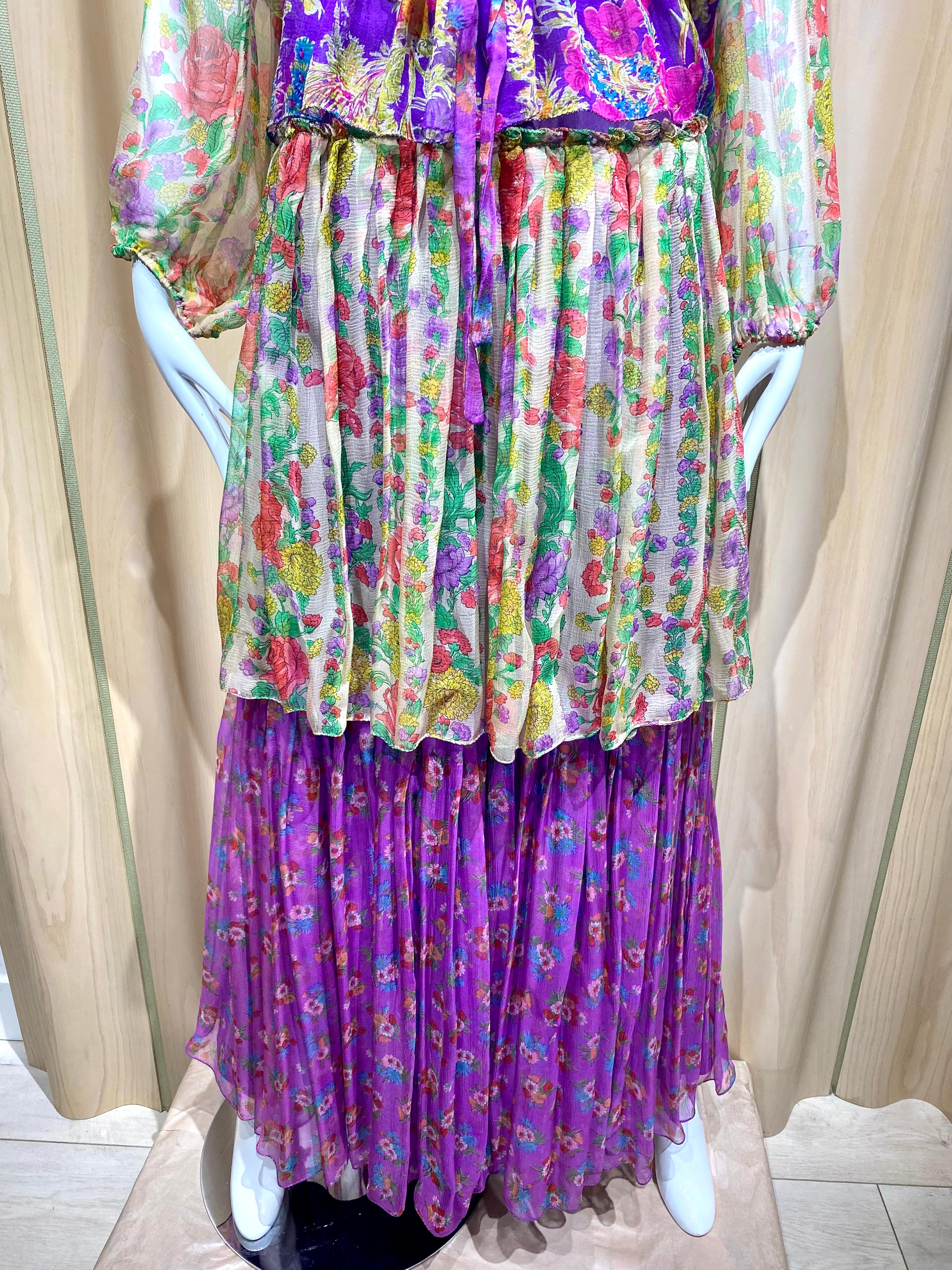 1970s Purple Multi Color Floral Print Silk Chiffon Dress with Blouse Set In Excellent Condition For Sale In Beverly Hills, CA