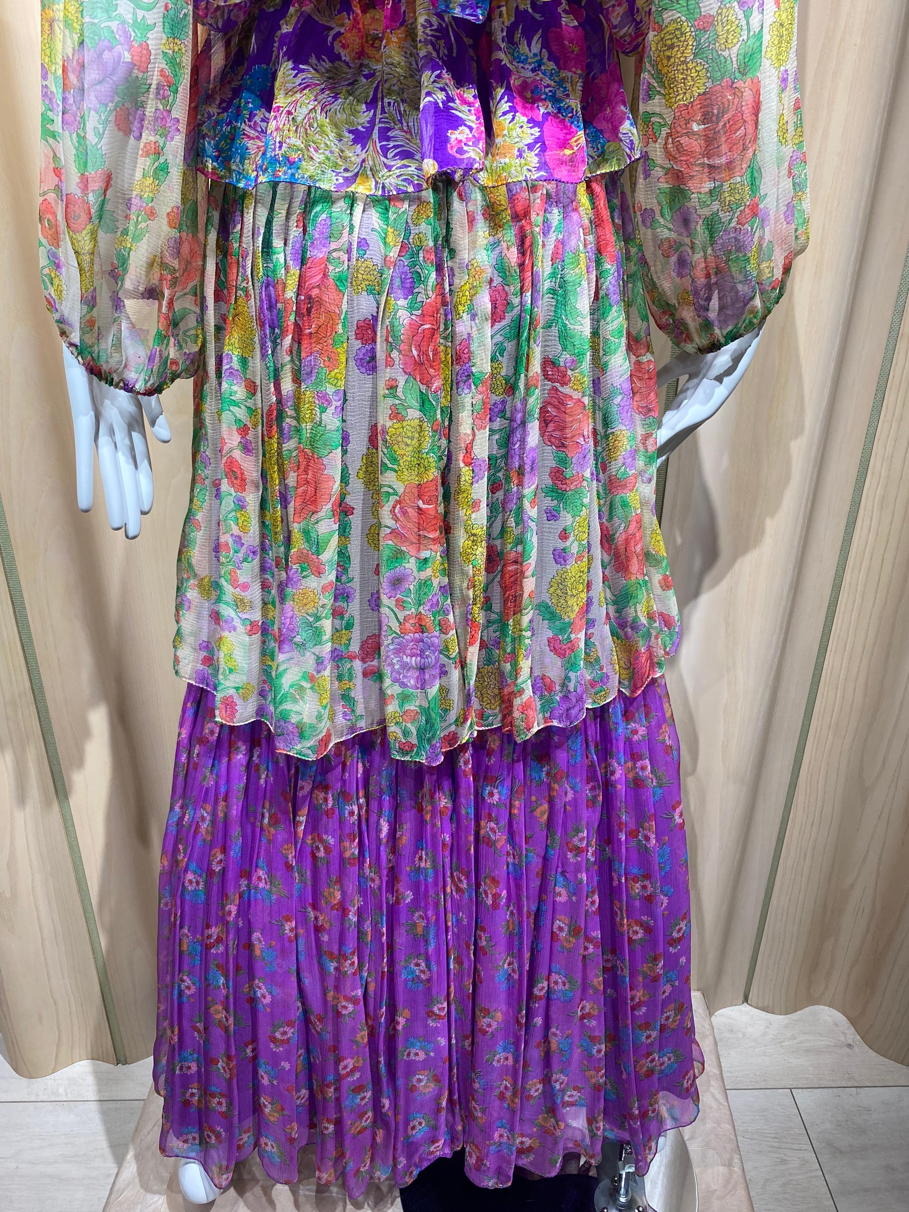 Women's 1970s Purple Multi Color Floral Print Silk Chiffon Dress with Blouse Set For Sale