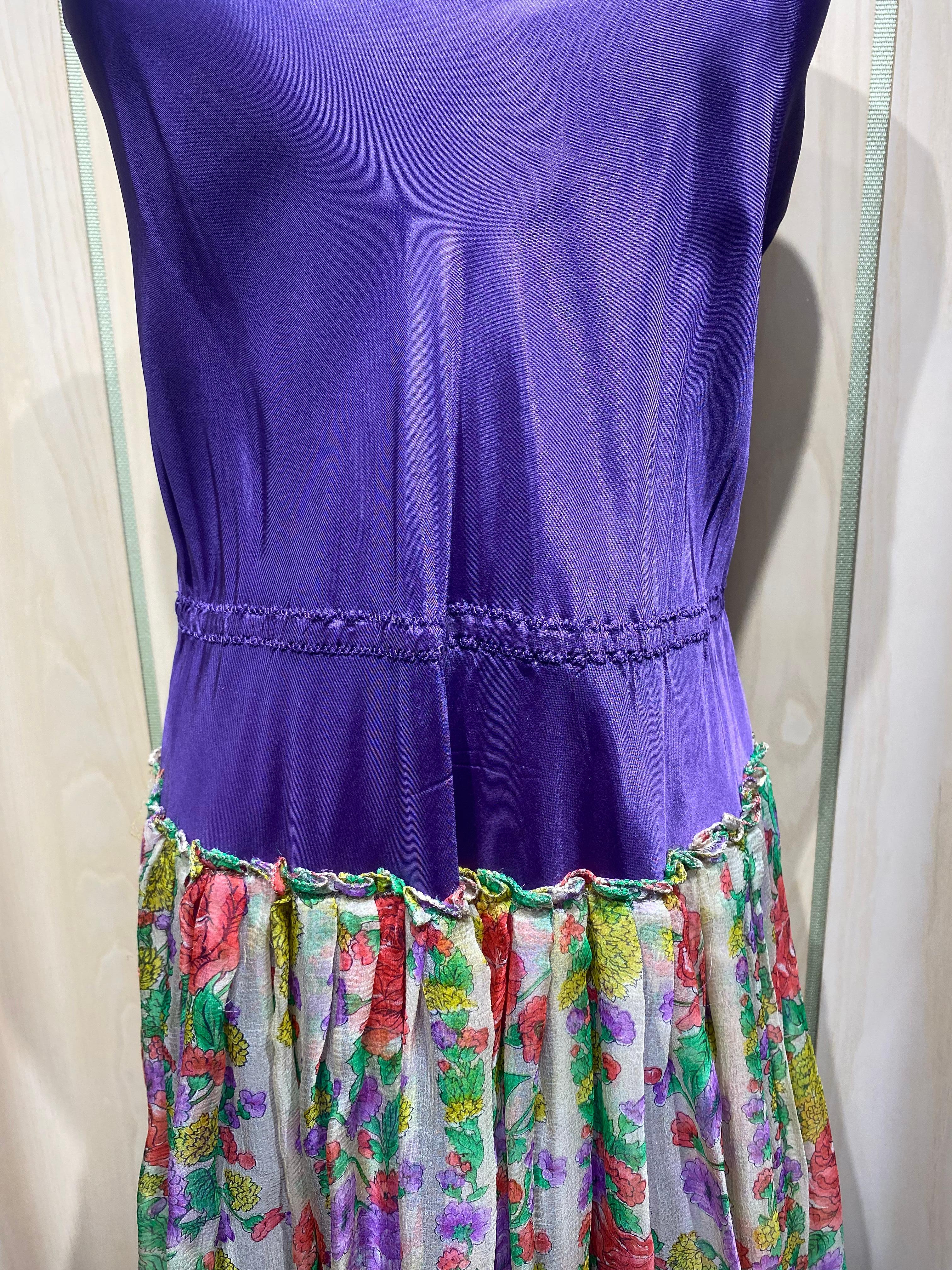 1970s Purple Multi Color Floral Print Silk Chiffon Dress with Blouse Set For Sale 1