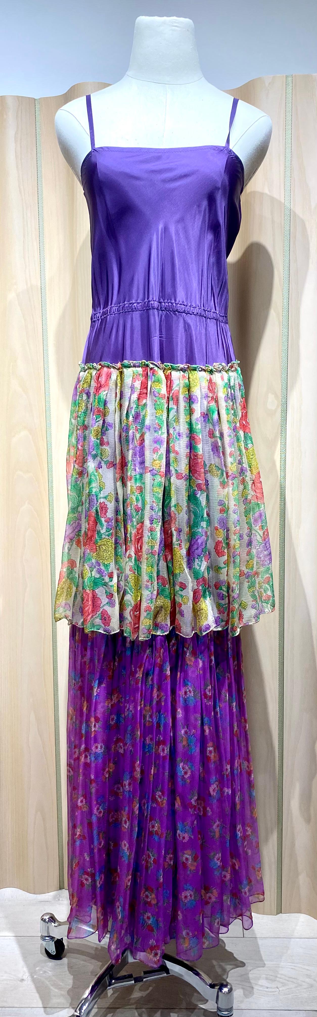 1970s Purple Multi Color Floral Print Silk Chiffon Dress with Blouse Set For Sale 2
