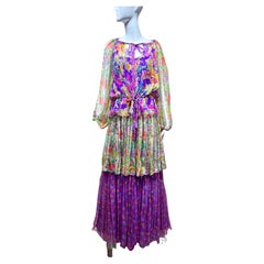 1970s Purple Multi Color Floral Print Silk Chiffon Dress with Blouse Set