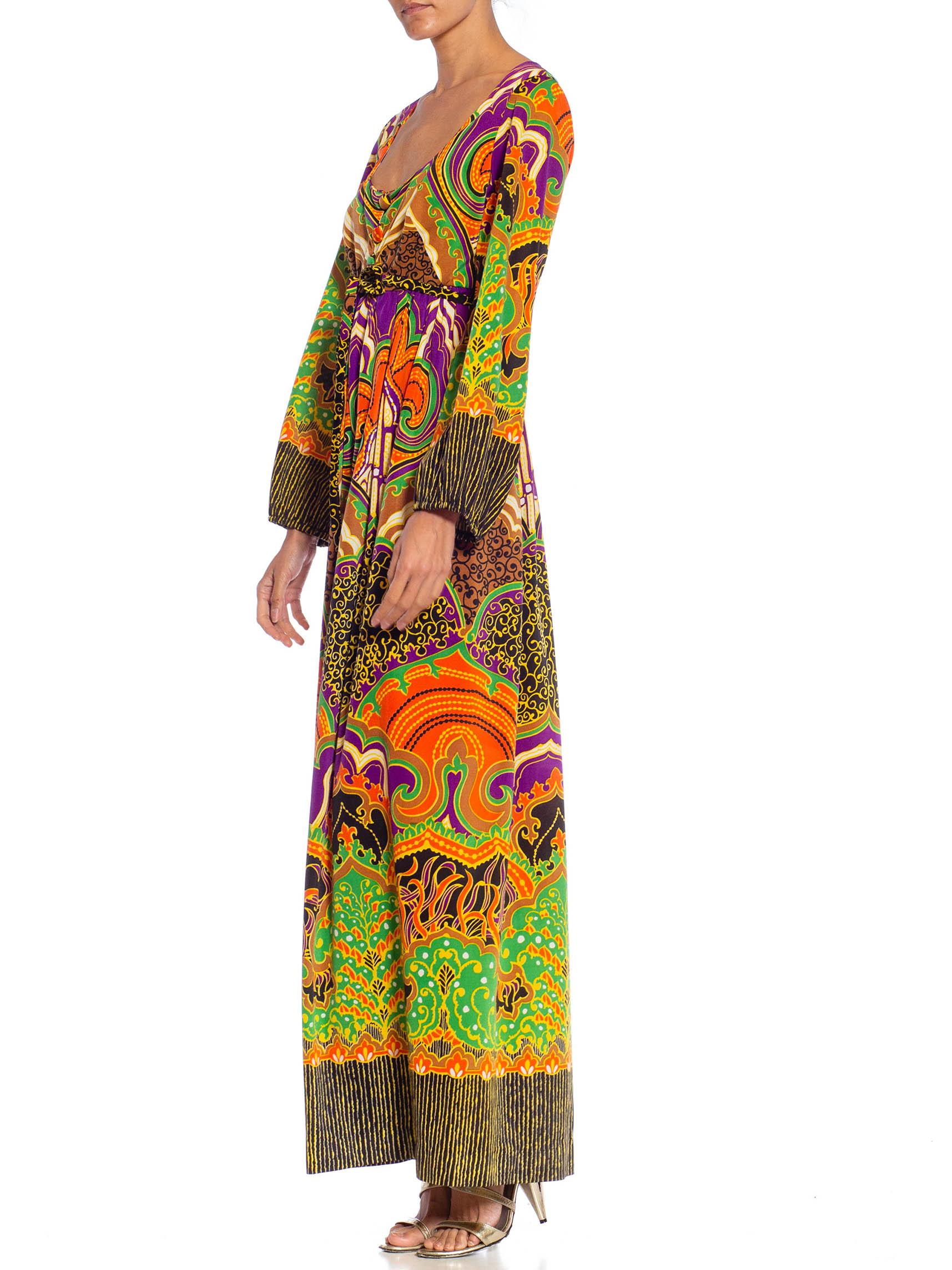 Brown 1970S Purple Multicolored Polyester Boho Dress For Sale