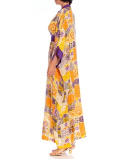1970S Purple & Orange Polyester Patchwork Tile Print Kaftan Dress