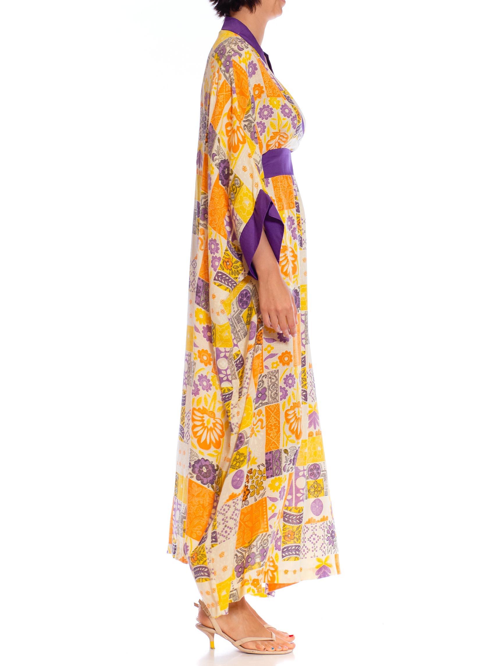 Beige 1970S Purple & Orange Polyester Patchwork Tile Print Kaftan Dress For Sale