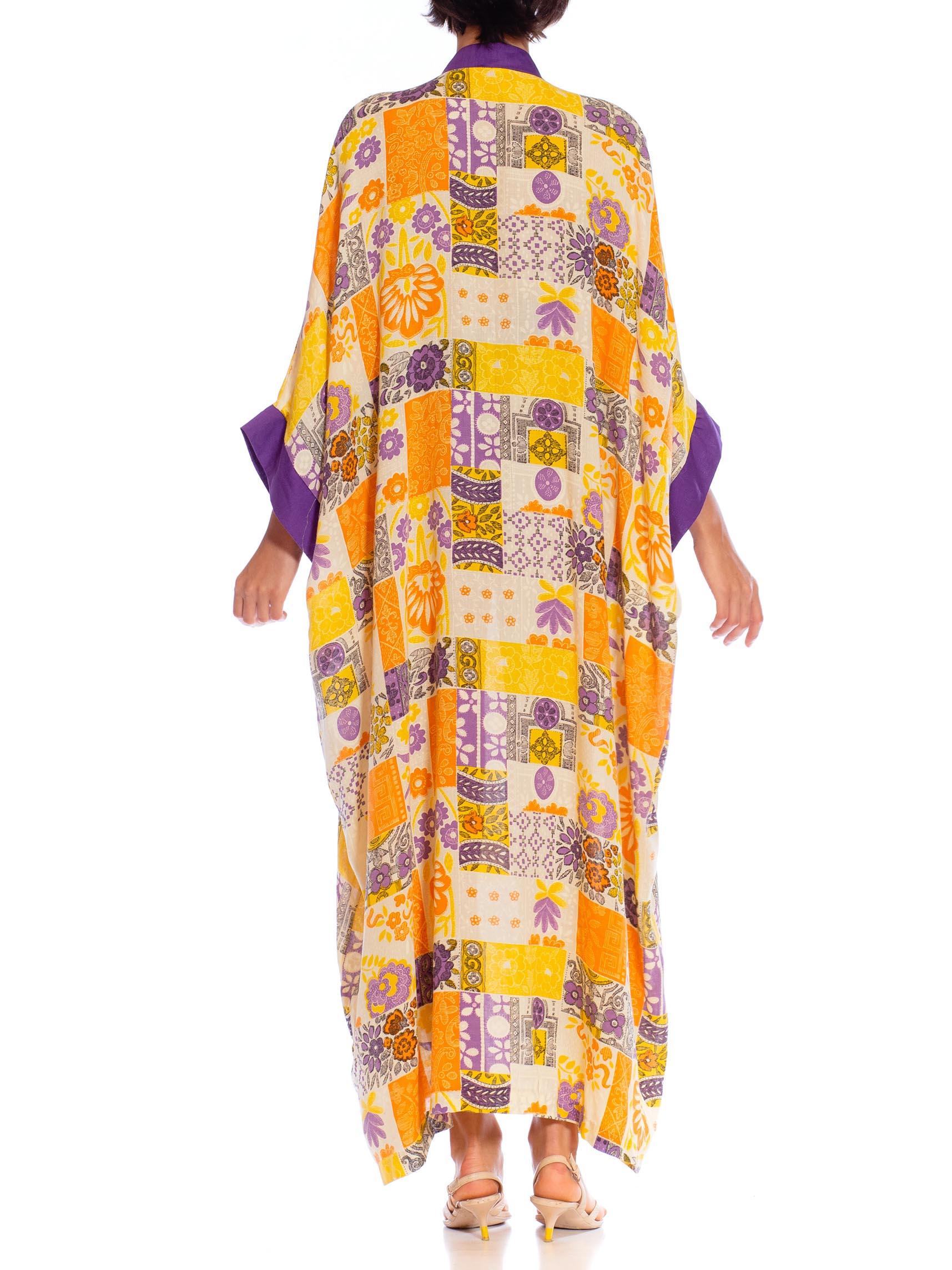 1970S Purple & Orange Polyester Patchwork Tile Print Kaftan Dress In Excellent Condition For Sale In New York, NY