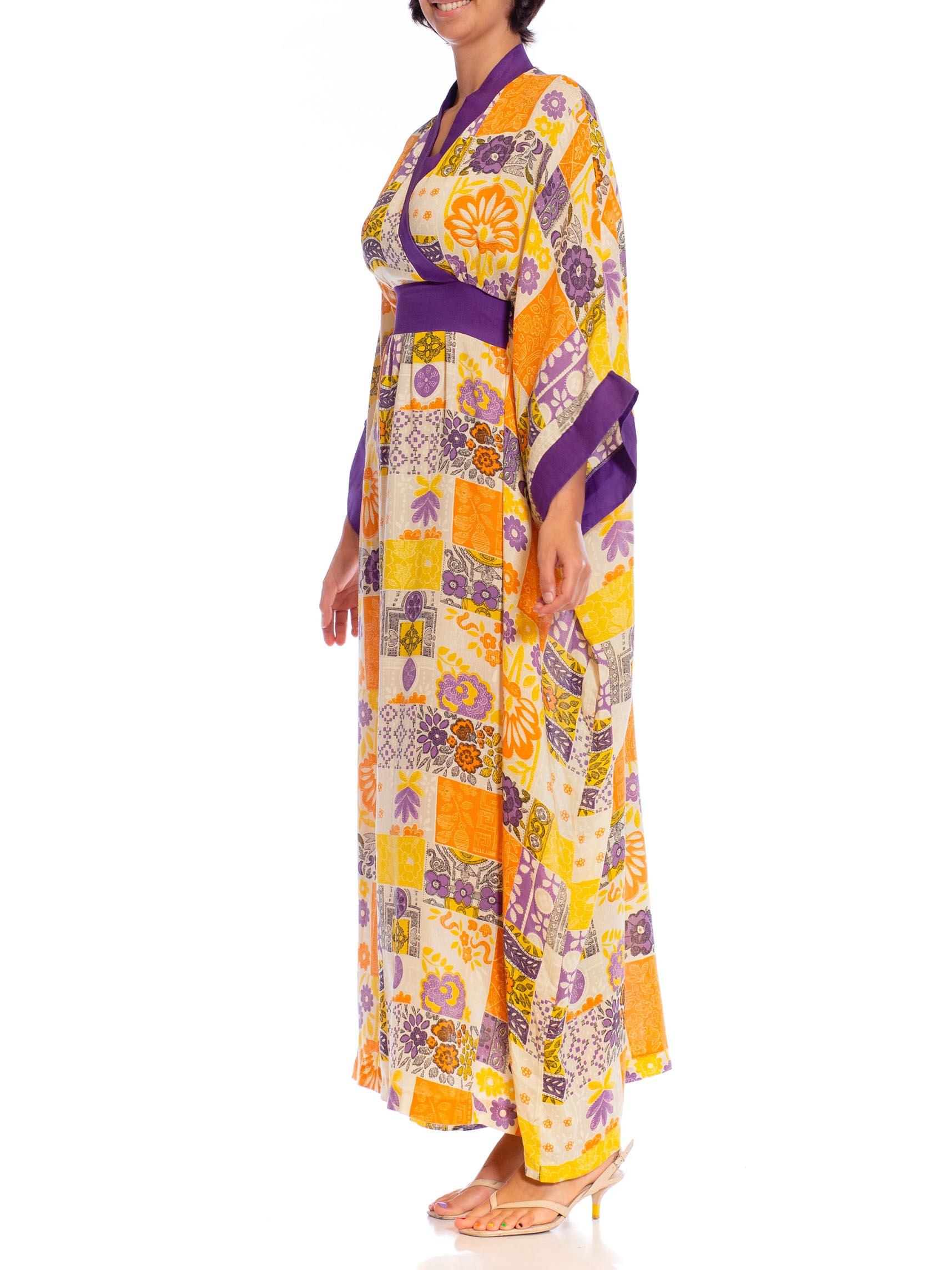 Women's 1970S Purple & Orange Polyester Patchwork Tile Print Kaftan Dress For Sale
