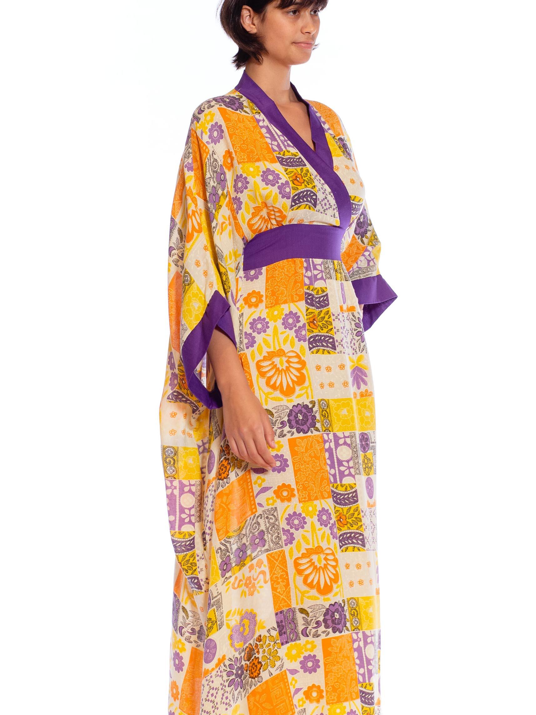 1970S Purple & Orange Polyester Patchwork Tile Print Kaftan Dress For Sale 1