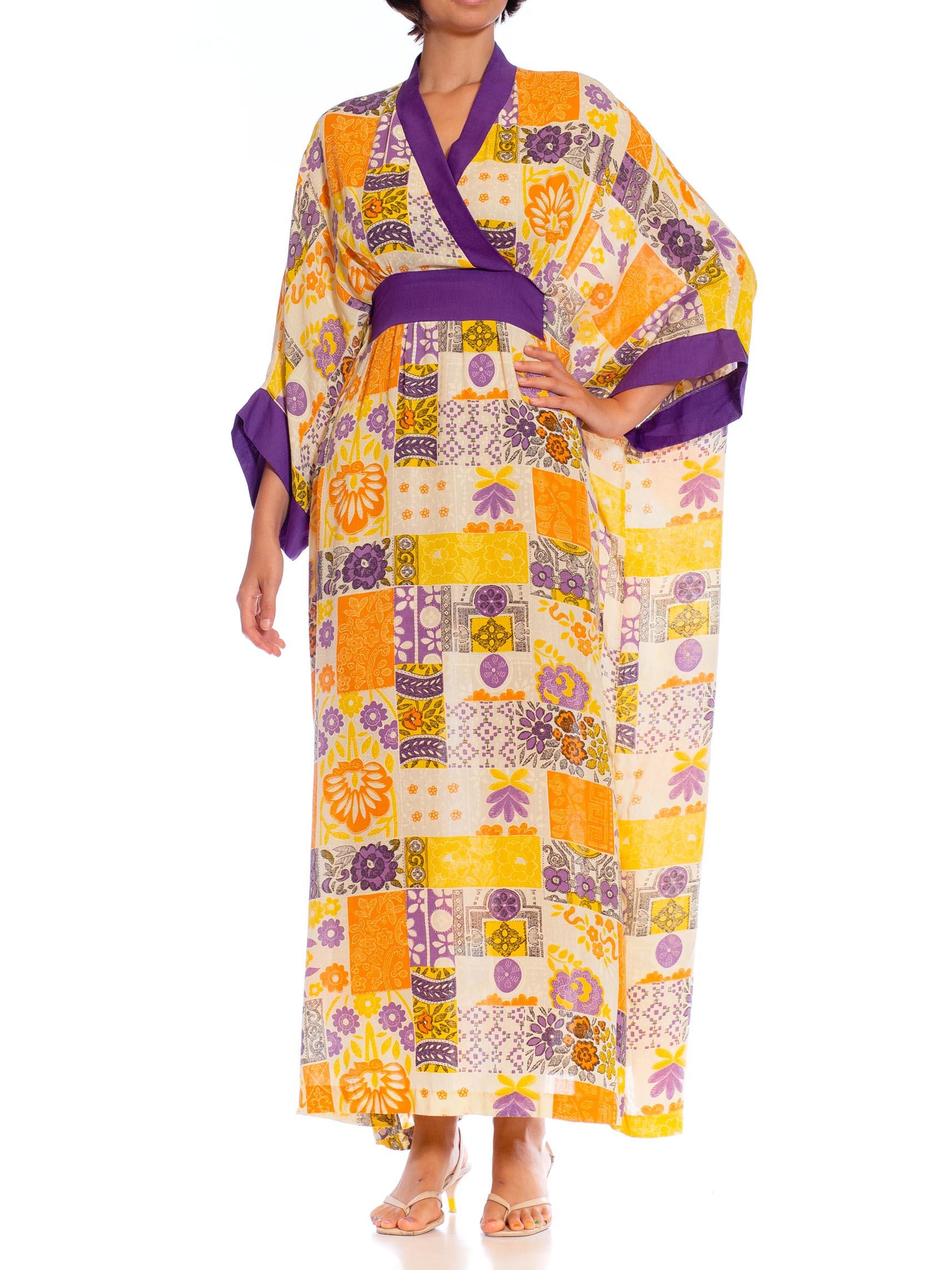 1970S Purple & Orange Polyester Patchwork Tile Print Kaftan Dress For Sale 3