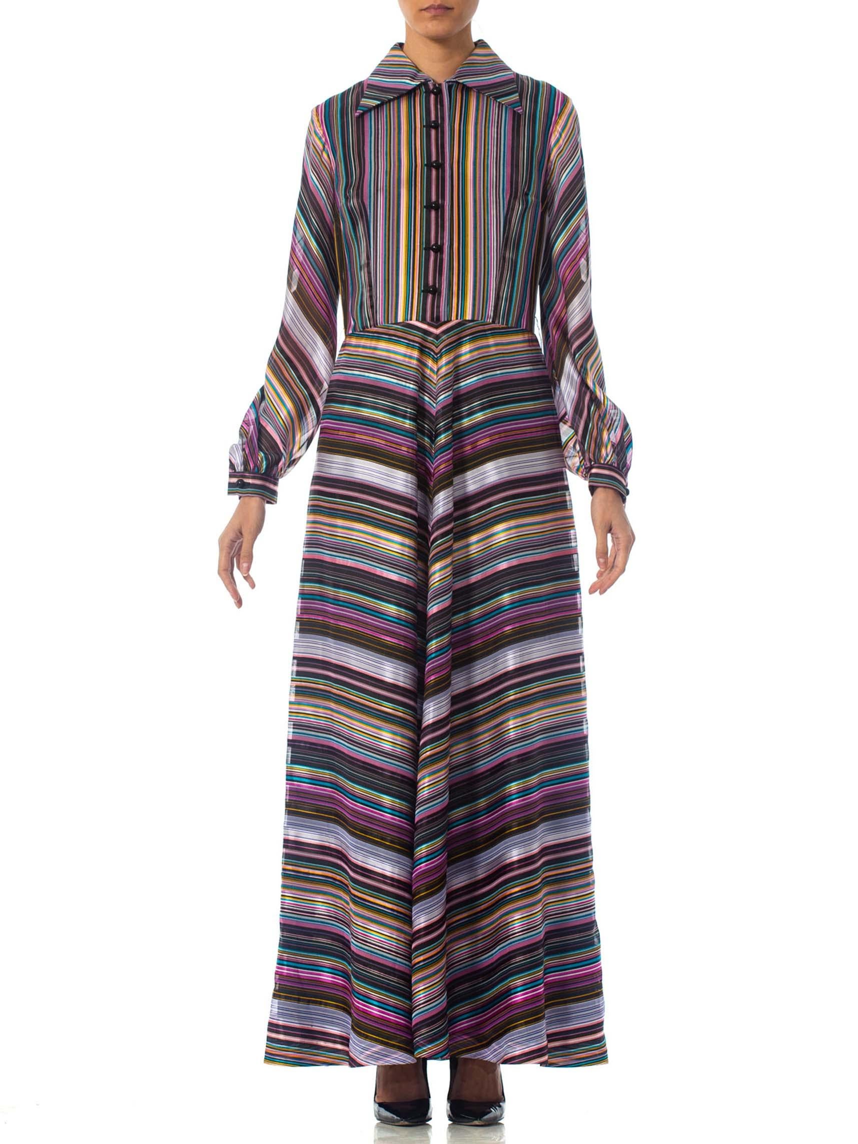 Black 1970S Purple & Blue Striped Poly Blend Satin Long Sleeve Day To Night Dress For Sale