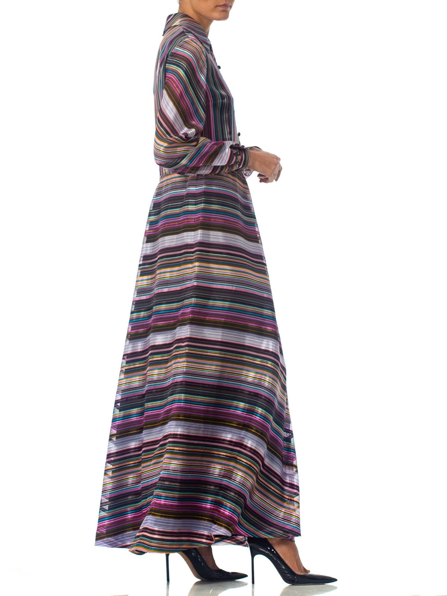 Women's 1970S Purple & Blue Striped Poly Blend Satin Long Sleeve Day To Night Dress For Sale